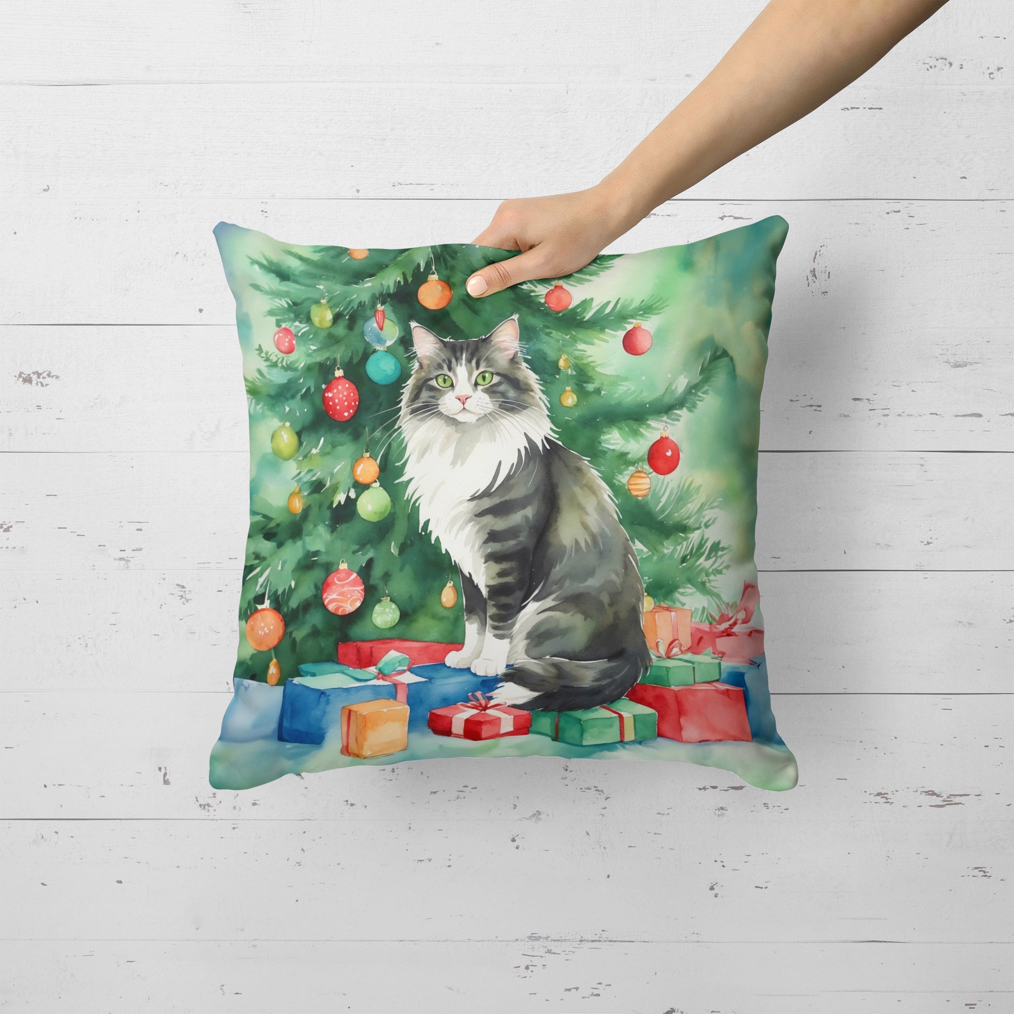 Norwegian Forest Cat By the Christmas Tree Decorative Throw Pillow 18x18 Indoor Outdoor Accent Cushion, Fabric Cover with Insert for Sofa, Bed, Porch & Living Room