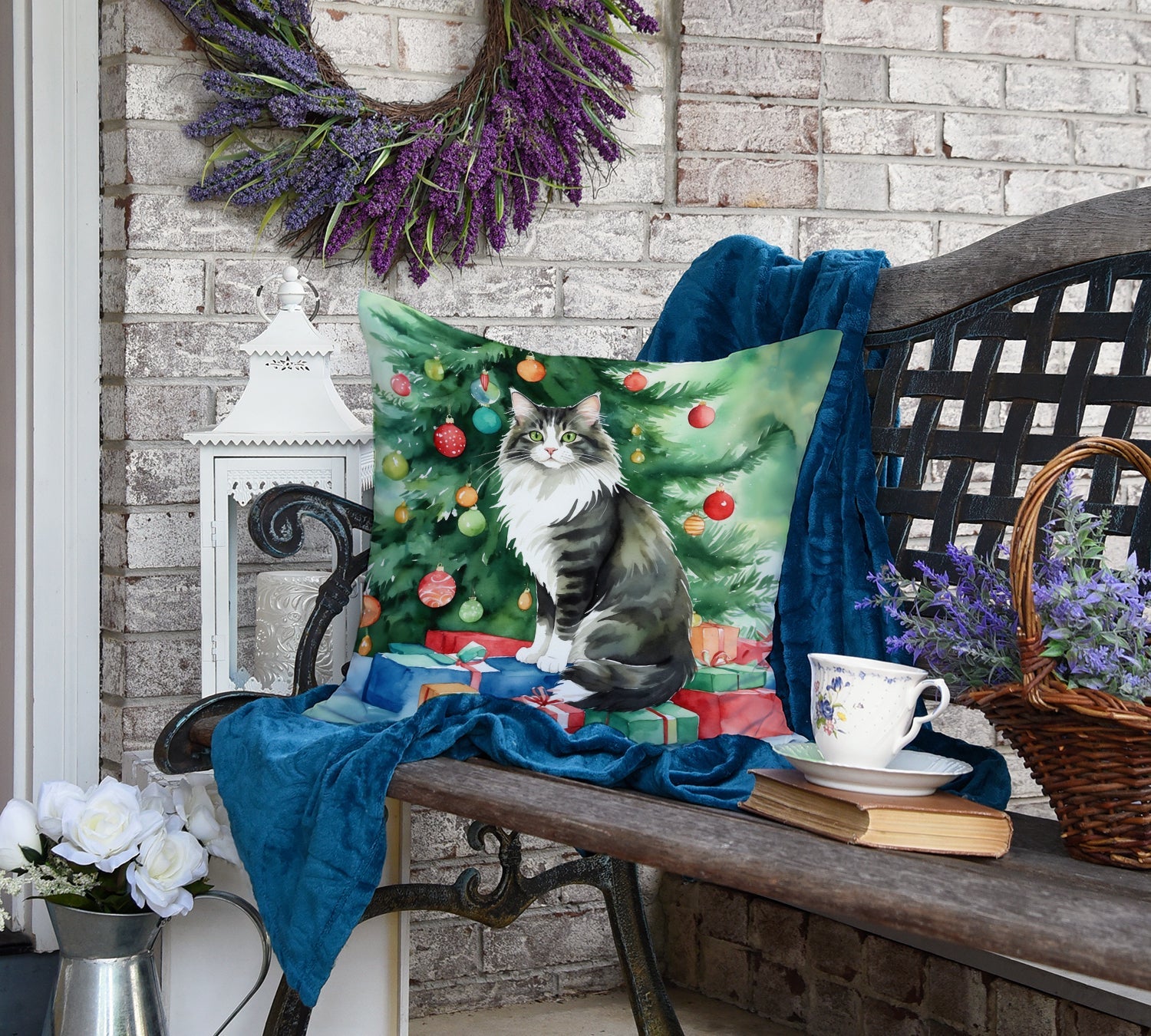 Norwegian Forest Cat By the Christmas Tree Decorative Throw Pillow 18x18 Indoor Outdoor Accent Cushion, Fabric Cover with Insert for Sofa, Bed, Porch & Living Room