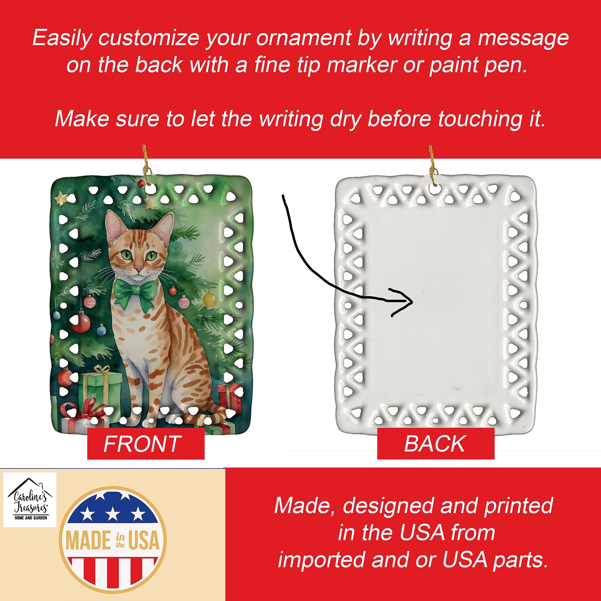 Ocicat Cat By the Christmas Tree Porcelain Ornament Christmas Tree Hanging Decorations for Home Christmas Holiday, Rectangle, Gift, Multicolor