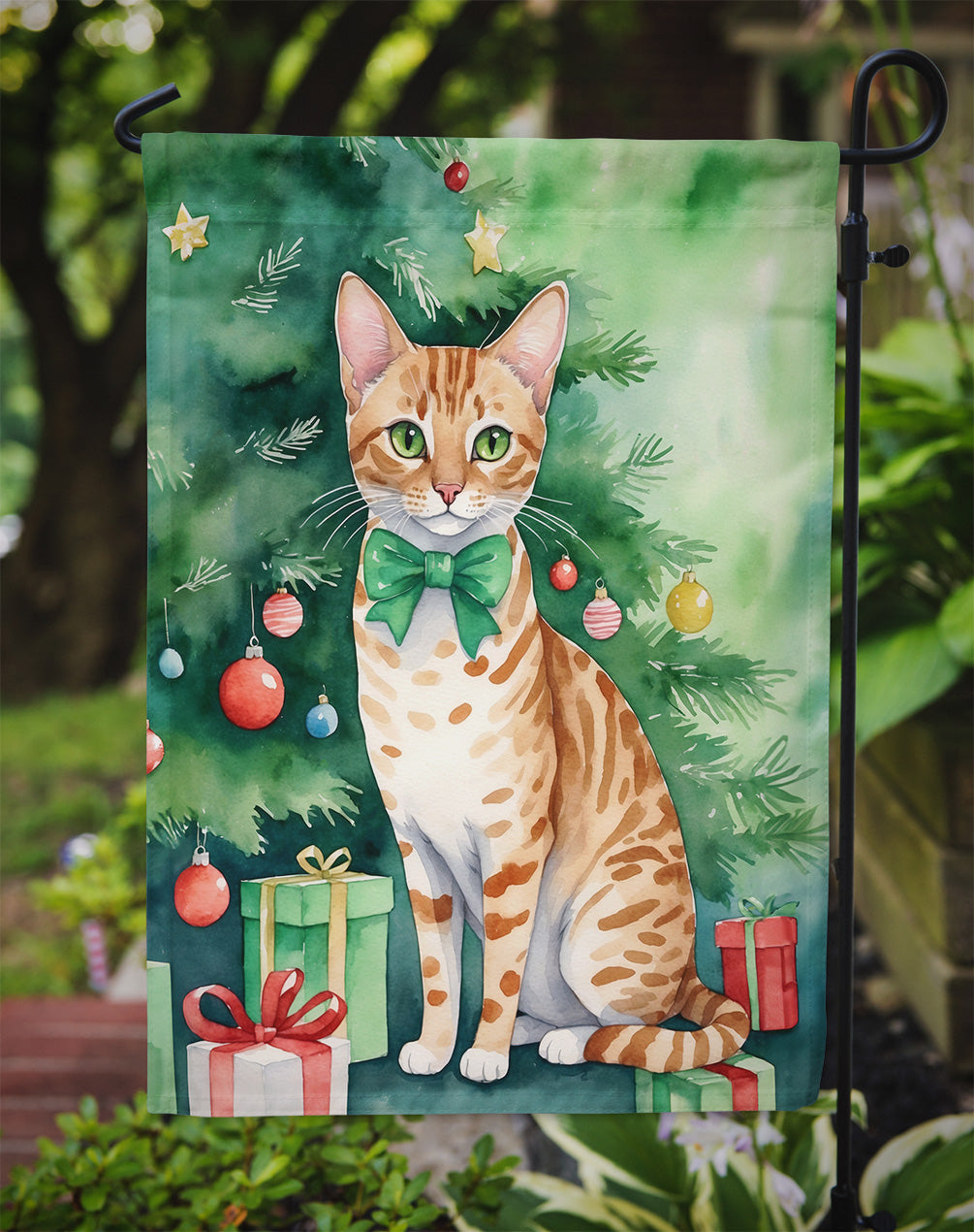 Ocicat Cat By the Christmas Tree Garden Flag Mailbox Decorative Yard Banner Outside Patio Artwork for Flower Beds, Garden Size, Multicolor