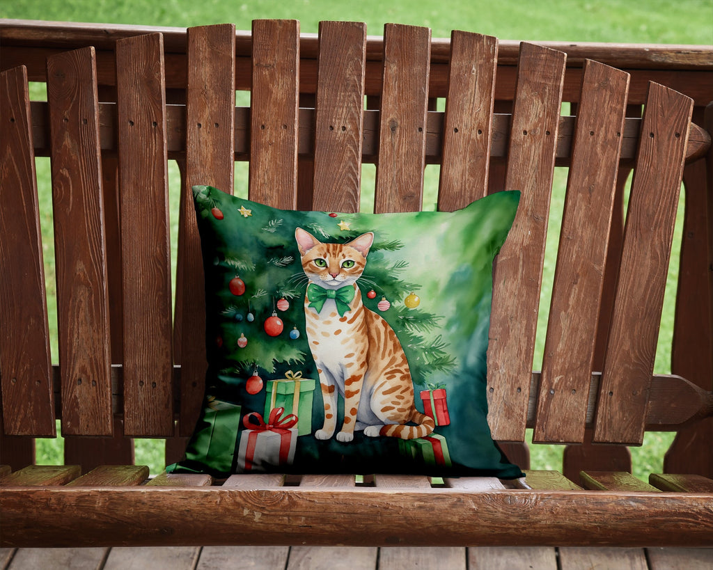 Ocicat Cat By the Christmas Tree Decorative Throw Pillow 14x14 Indoor Outdoor Accent Cushion, Fabric Cover with Insert for Sofa, Bed, Porch & Living Room