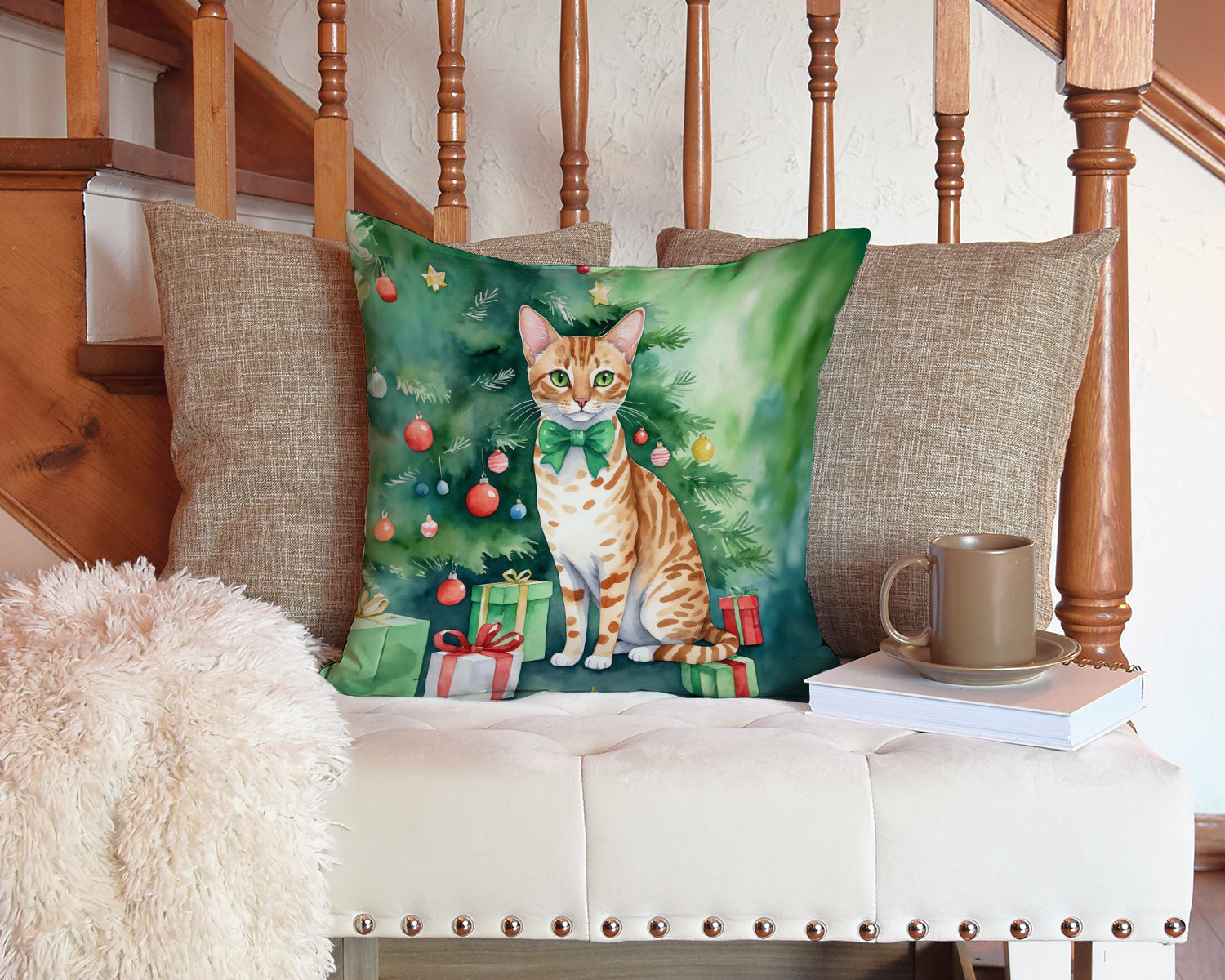 Ocicat Cat By the Christmas Tree Decorative Throw Pillow 14x14 Indoor Outdoor Accent Cushion, Fabric Cover with Insert for Sofa, Bed, Porch & Living Room