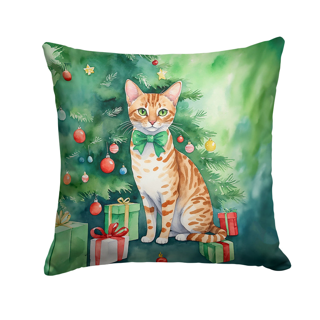 Ocicat Cat By the Christmas Tree Decorative Throw Pillow 18x18 Indoor Outdoor Accent Cushion, Fabric Cover with Insert for Sofa, Bed, Porch & Living Room