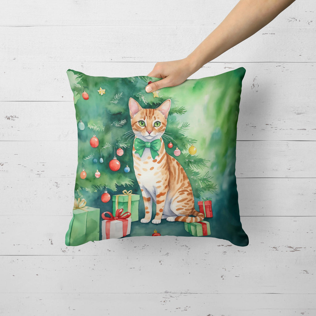 Ocicat Cat By the Christmas Tree Decorative Throw Pillow 18x18 Indoor Outdoor Accent Cushion, Fabric Cover with Insert for Sofa, Bed, Porch & Living Room