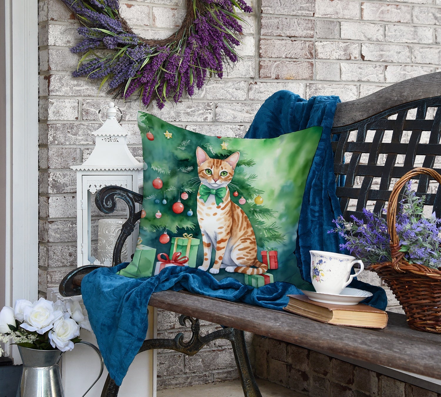 Ocicat Cat By the Christmas Tree Decorative Throw Pillow 18x18 Indoor Outdoor Accent Cushion, Fabric Cover with Insert for Sofa, Bed, Porch & Living Room