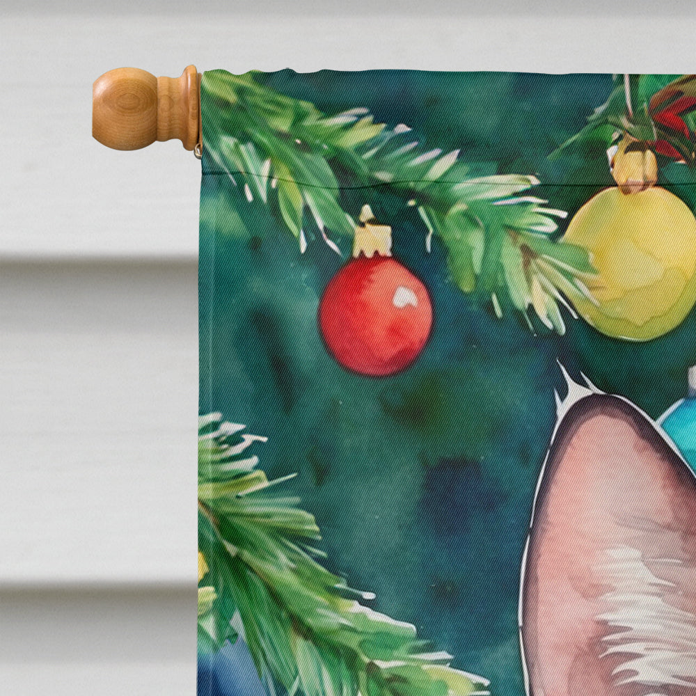 Ojos Azules Cat By the Christmas Tree House Flag 28x40 Porch Sleeve Pole Decorative Outside Yard Banner Artwork Wall Hanging, Polyester