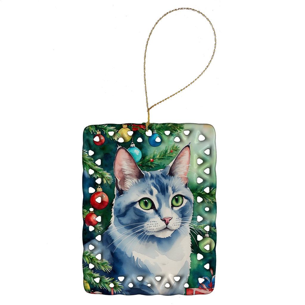 Ojos Azules Cat By the Christmas Tree Porcelain Ornament Christmas Tree Hanging Decorations for Home Christmas Holiday, Rectangle, Gift, Multicolor