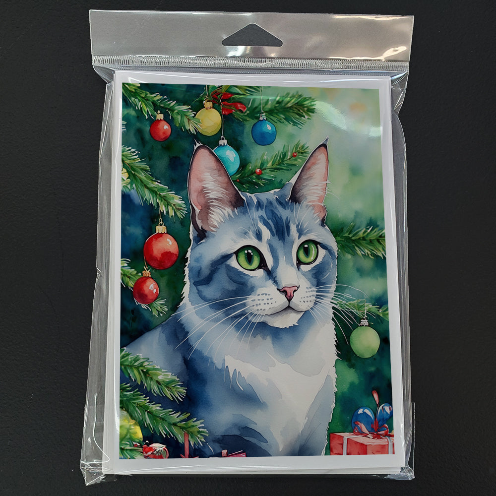 Ojos Azules Cat By the Christmas Tree Greeting Cards Pack of 8 Blank Cards with Envelopes Whimsical A7 Size 5x7