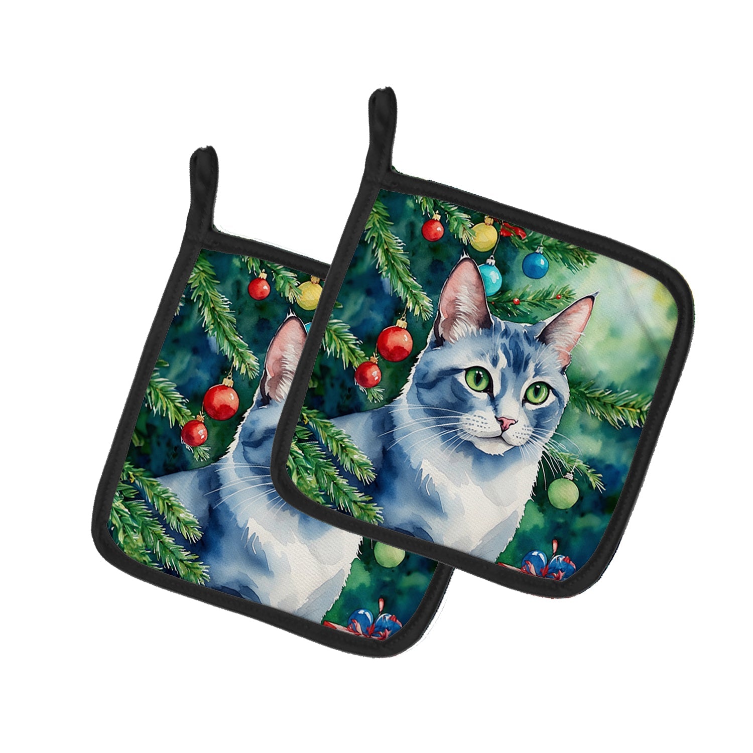 Ojos Azules Cat By the Christmas Tree Pot Holder Set of 2 Heat Resistant Quilted Hot Pads 7.5 x 7.5 Inch, Insulated Kitchen Trivets for Cooking & Baking