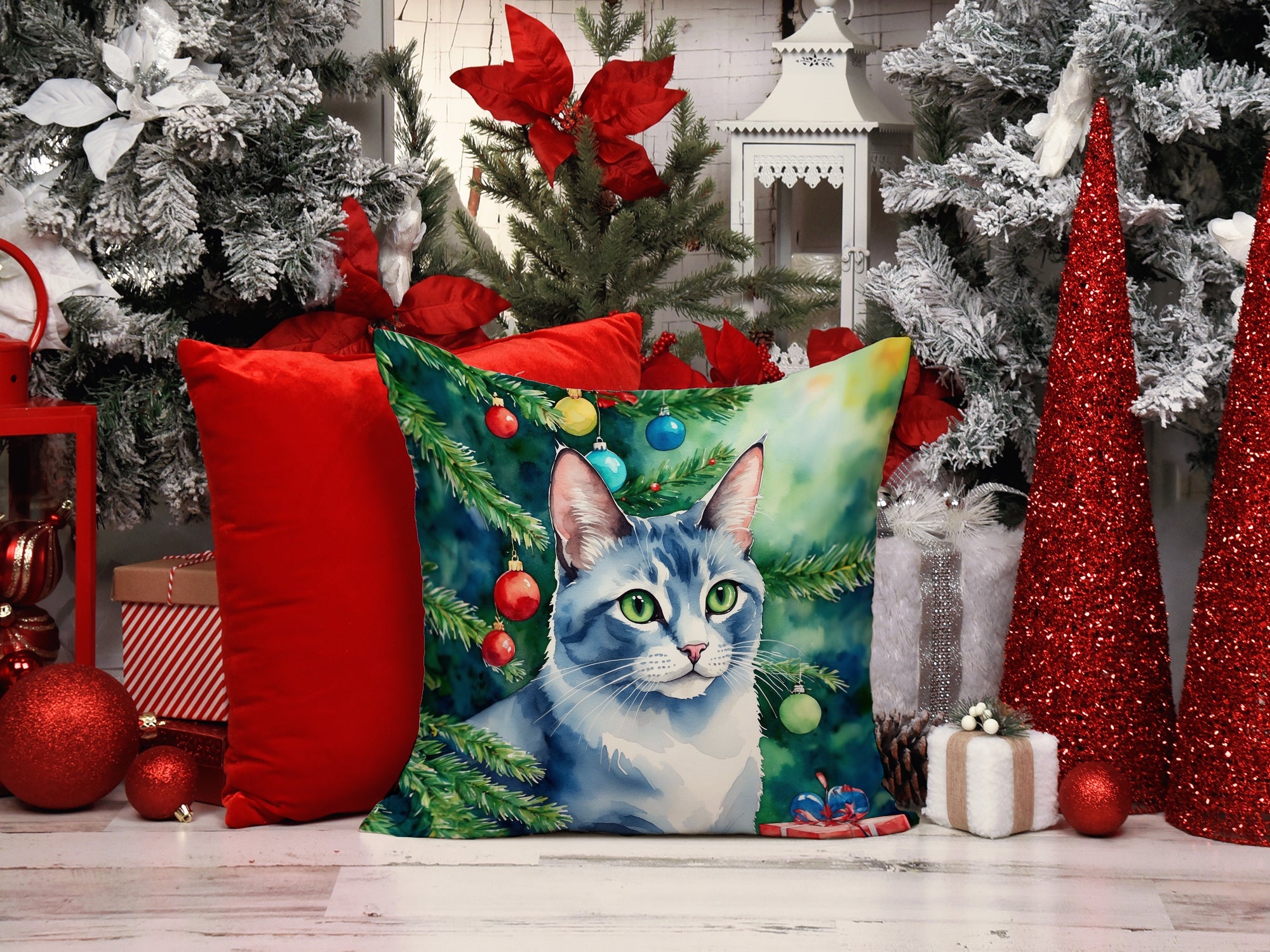 Ojos Azules Cat By the Christmas Tree Decorative Throw Pillow 18x18 Indoor Outdoor Accent Cushion, Fabric Cover with Insert for Sofa, Bed, Porch & Living Room