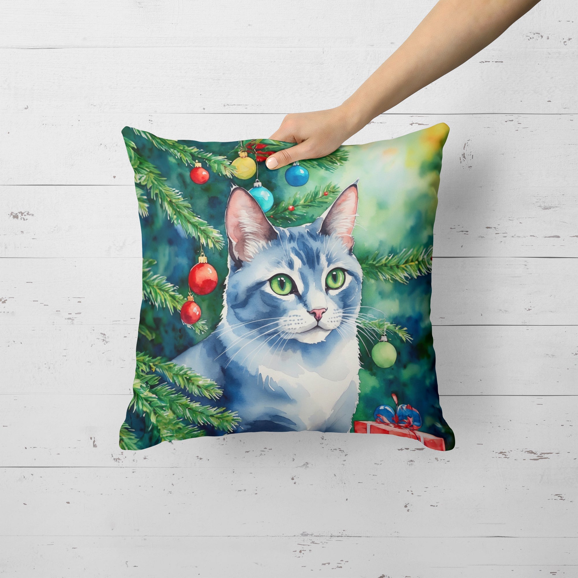 Ojos Azules Cat By the Christmas Tree Decorative Throw Pillow 18x18 Indoor Outdoor Accent Cushion, Fabric Cover with Insert for Sofa, Bed, Porch & Living Room