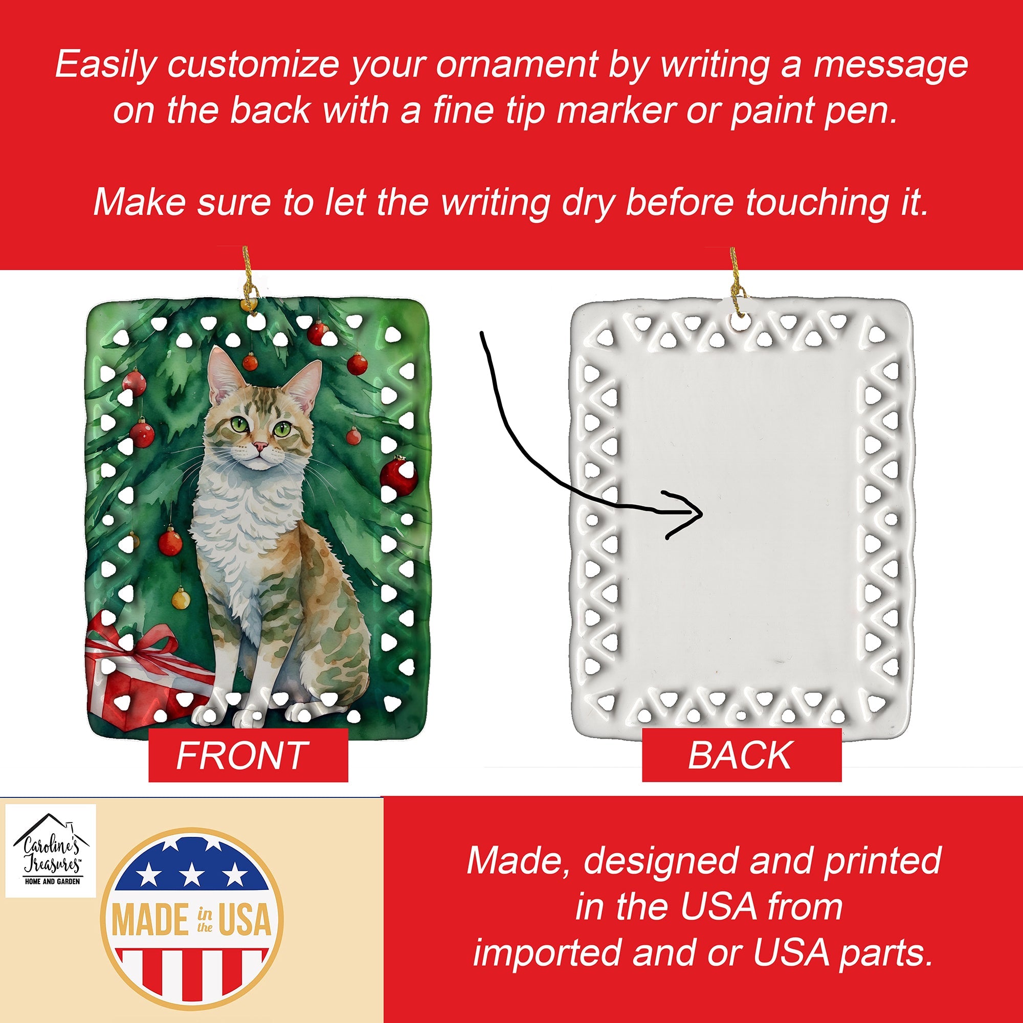 Oregon Rex Cat By the Christmas Tree Porcelain Ornament Christmas Tree Hanging Decorations for Home Christmas Holiday, Rectangle, Gift, Multicolor