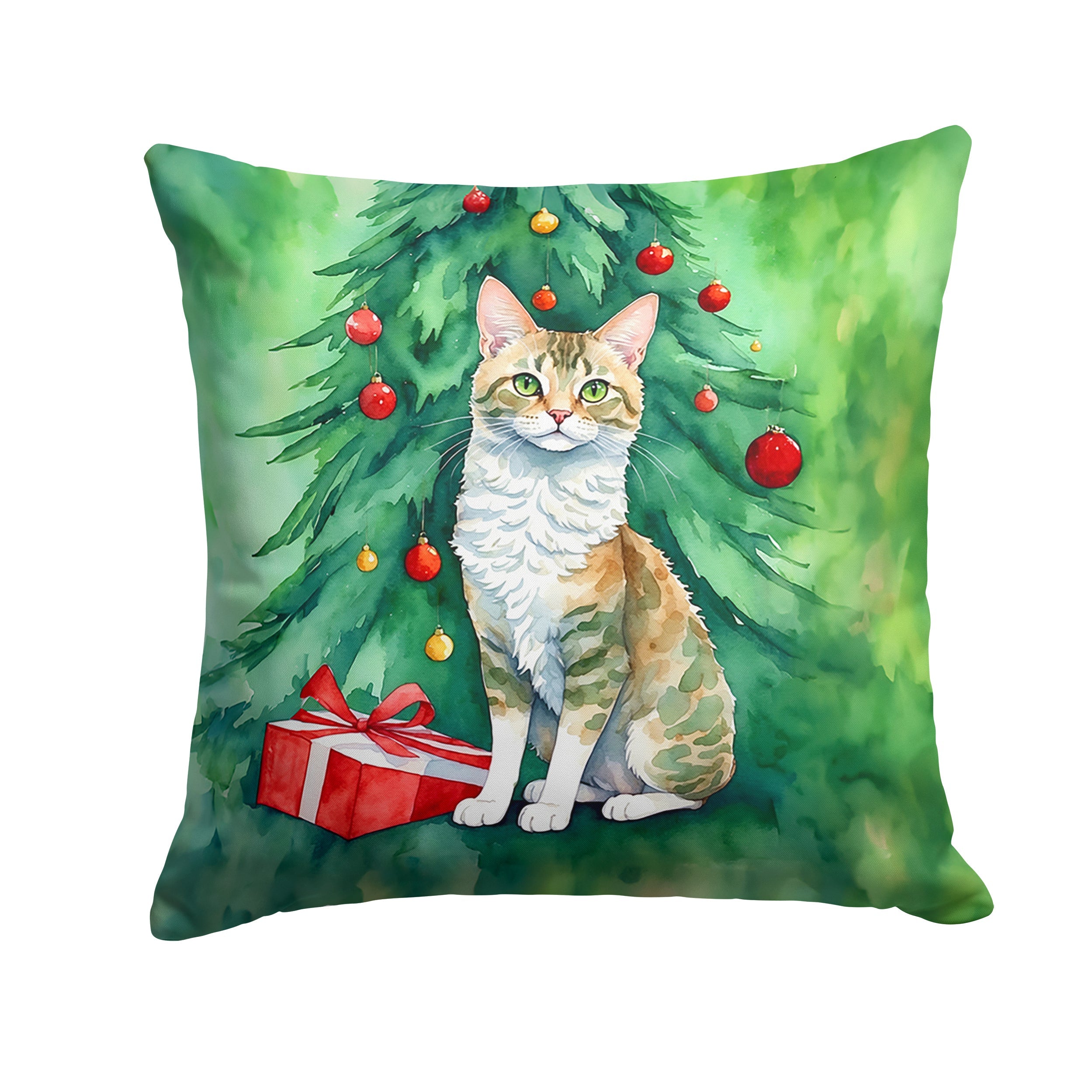 Oregon Rex Cat By the Christmas Tree Decorative Throw Pillow 14x14 Indoor Outdoor Accent Cushion, Fabric Cover with Insert for Sofa, Bed, Porch & Living Room