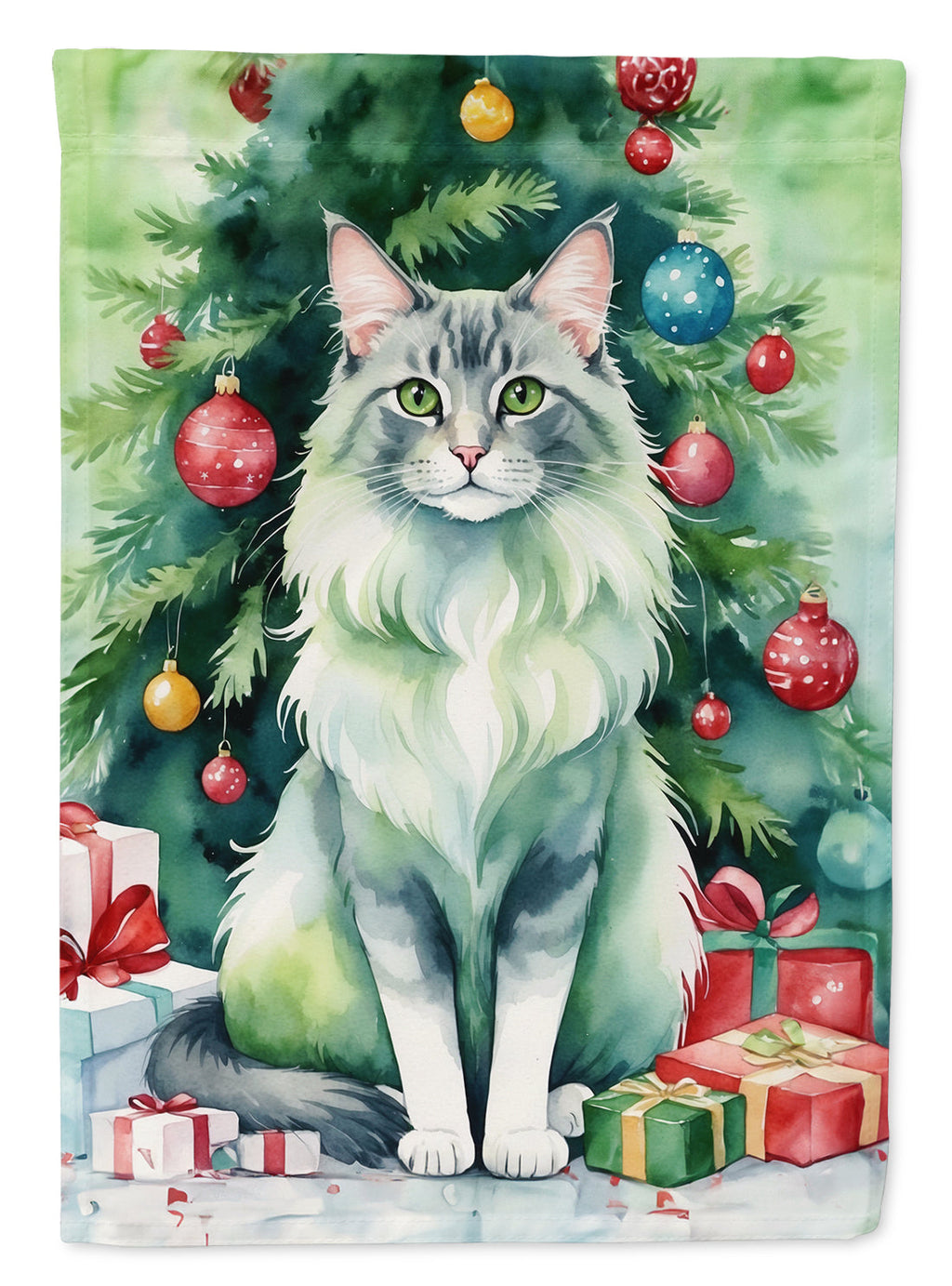 Oriental Longhair Cat By the Christmas Tree House Flag 28x40 Porch Sleeve Pole Decorative Outside Yard Banner Artwork Wall Hanging, Polyester
