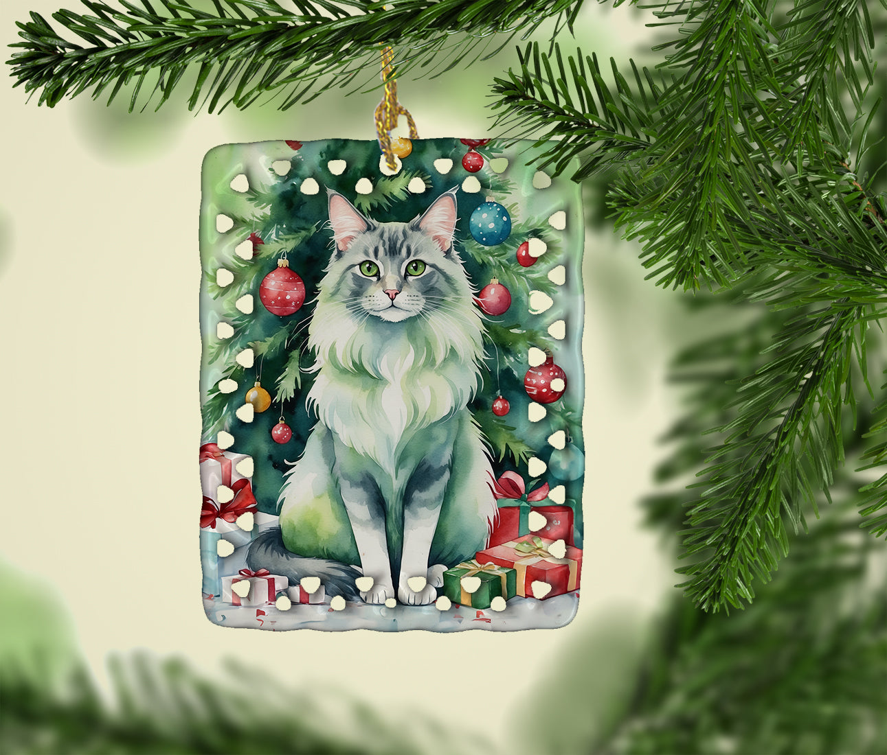 Oriental Longhair Cat By the Christmas Tree Porcelain Ornament Christmas Tree Hanging Decorations for Home Christmas Holiday, Rectangle, Gift, Multicolor