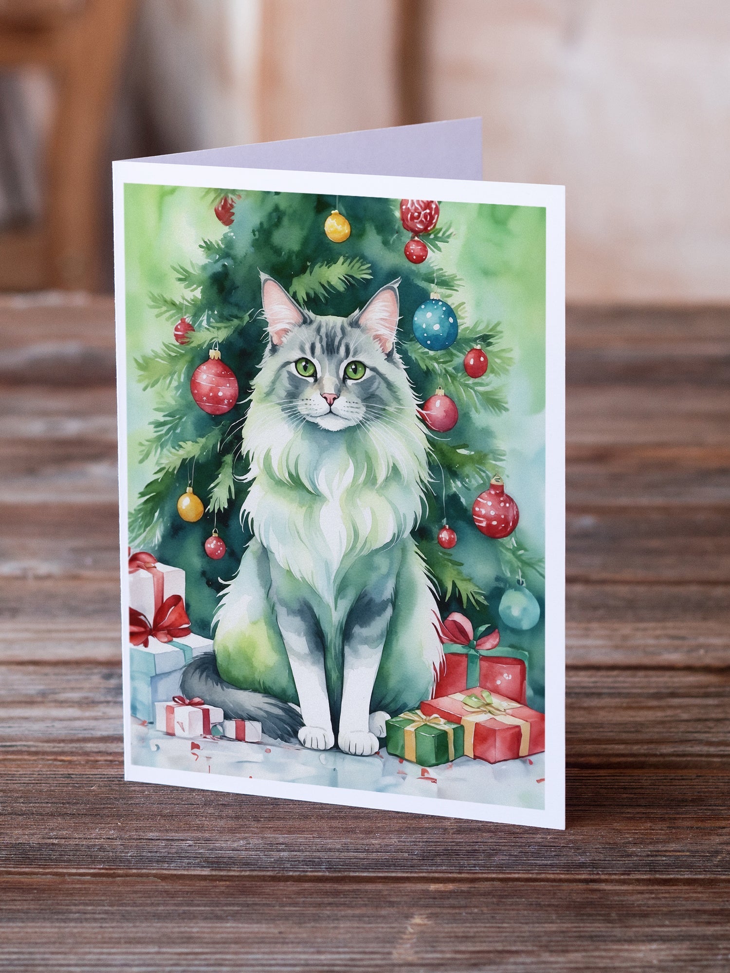 Oriental Longhair Cat By the Christmas Tree Greeting Cards Pack of 8 Blank Cards with Envelopes Whimsical A7 Size 5x7