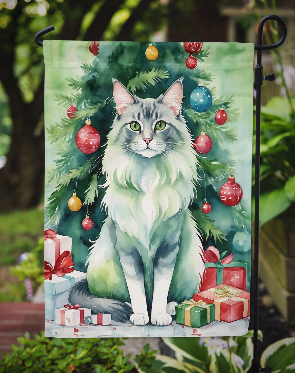 Oriental Longhair Cat By the Christmas Tree Garden Flag Mailbox Decorative Yard Banner Outside Patio Artwork for Flower Beds, Garden Size, Multicolor