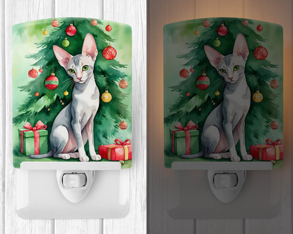 Oriental Shorthair Cat By the Christmas Tree Ceramic Night Light Compact, UL-Certified, Ideal for Bedroom, Bathroom, Nursery, Hallway, Kitchen, 6x4x3, Multicolor