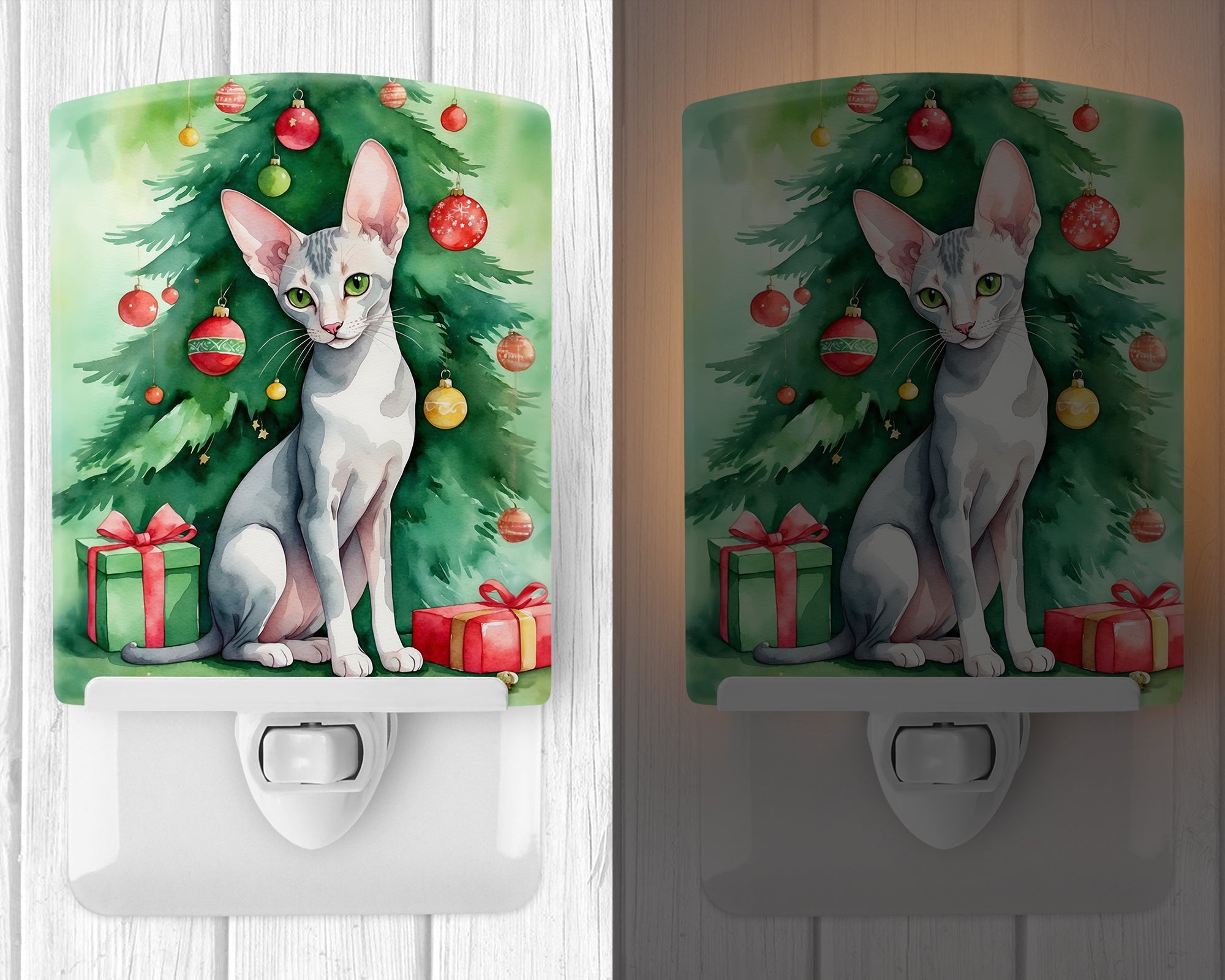 Oriental Shorthair Cat By the Christmas Tree Ceramic Night Light Compact, UL-Certified, Ideal for Bedroom, Bathroom, Nursery, Hallway, Kitchen, 6x4x3, Multicolor