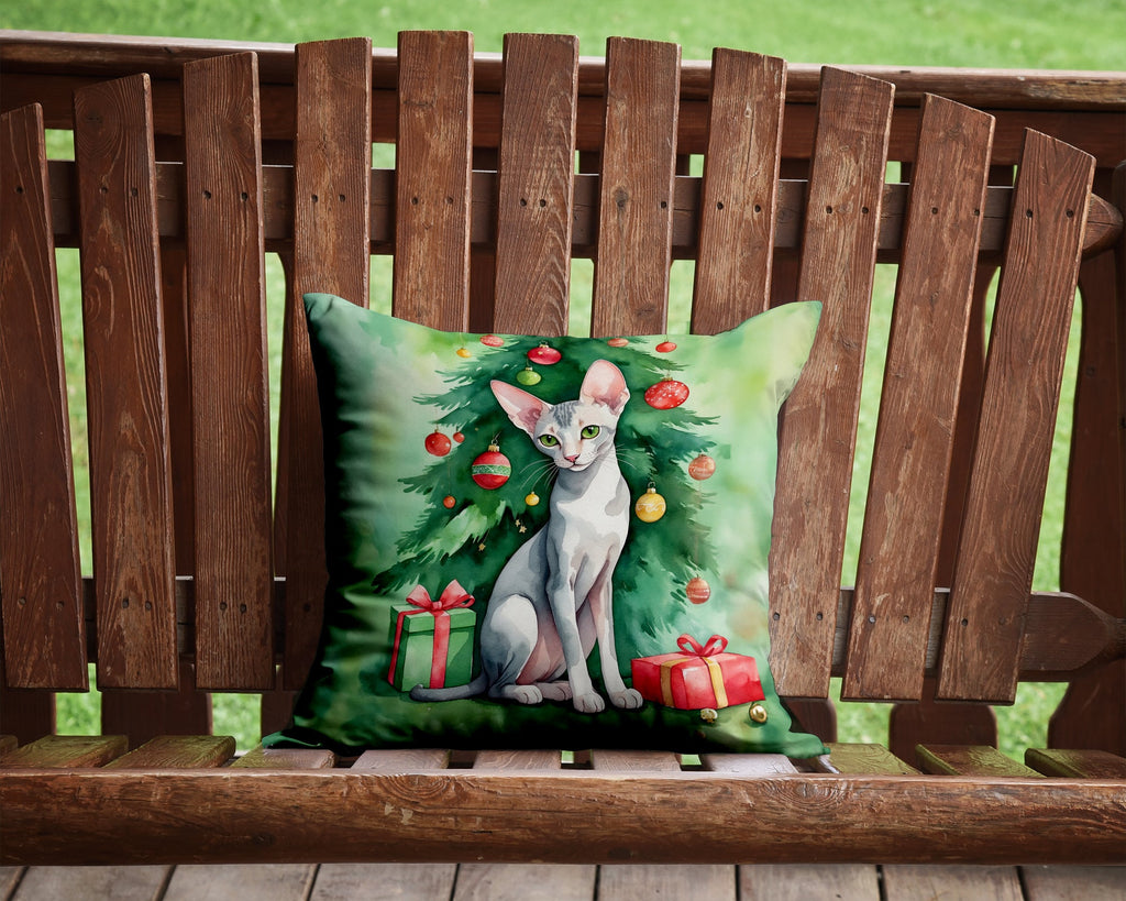 Oriental Shorthair Cat By the Christmas Tree Decorative Throw Pillow 14x14 Indoor Outdoor Accent Cushion, Fabric Cover with Insert for Sofa, Bed, Porch & Living Room