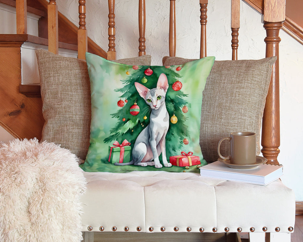 Oriental Shorthair Cat By the Christmas Tree Decorative Throw Pillow 14x14 Indoor Outdoor Accent Cushion, Fabric Cover with Insert for Sofa, Bed, Porch & Living Room