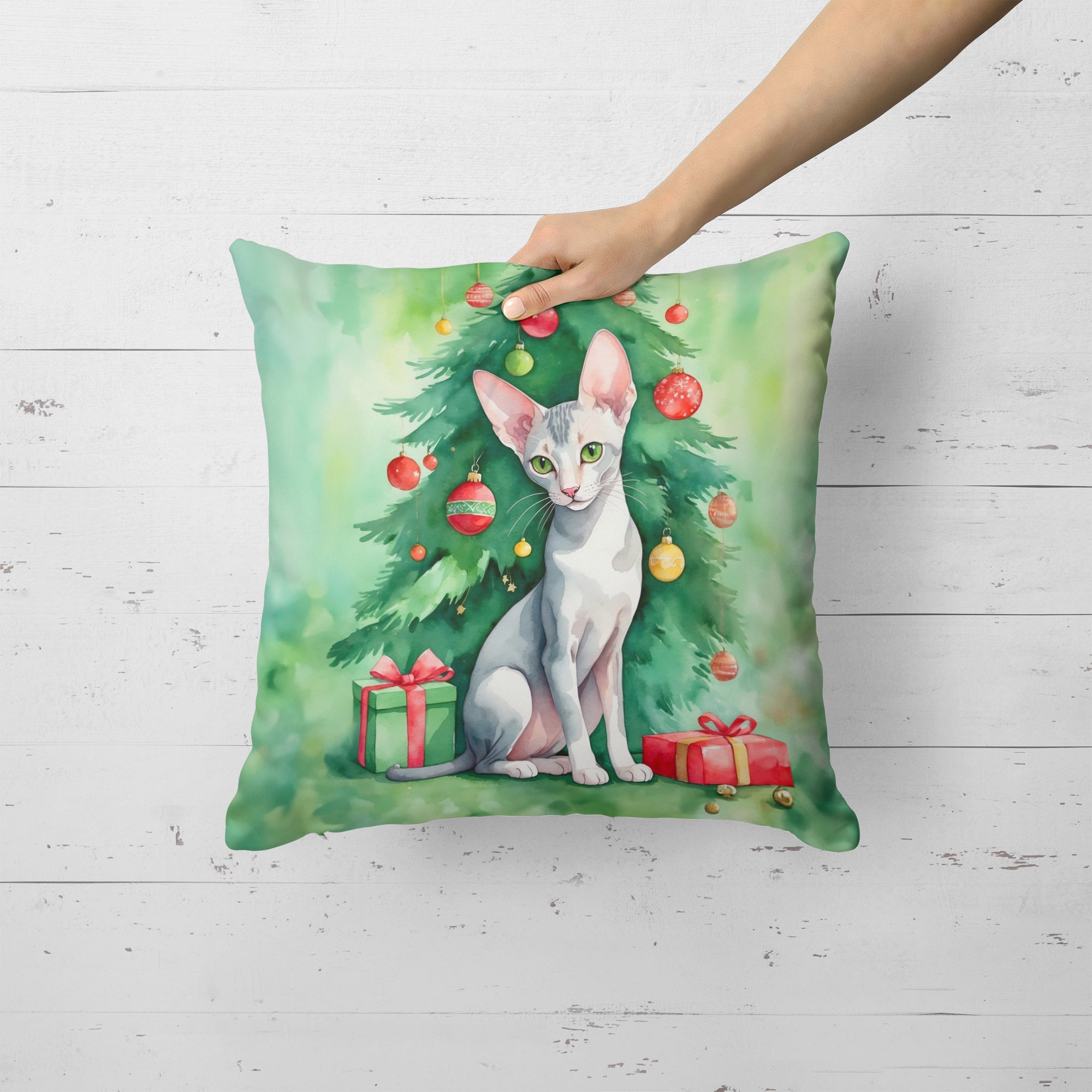 Oriental Shorthair Cat By the Christmas Tree Decorative Throw Pillow 18x18 Indoor Outdoor Accent Cushion, Fabric Cover with Insert for Sofa, Bed, Porch & Living Room