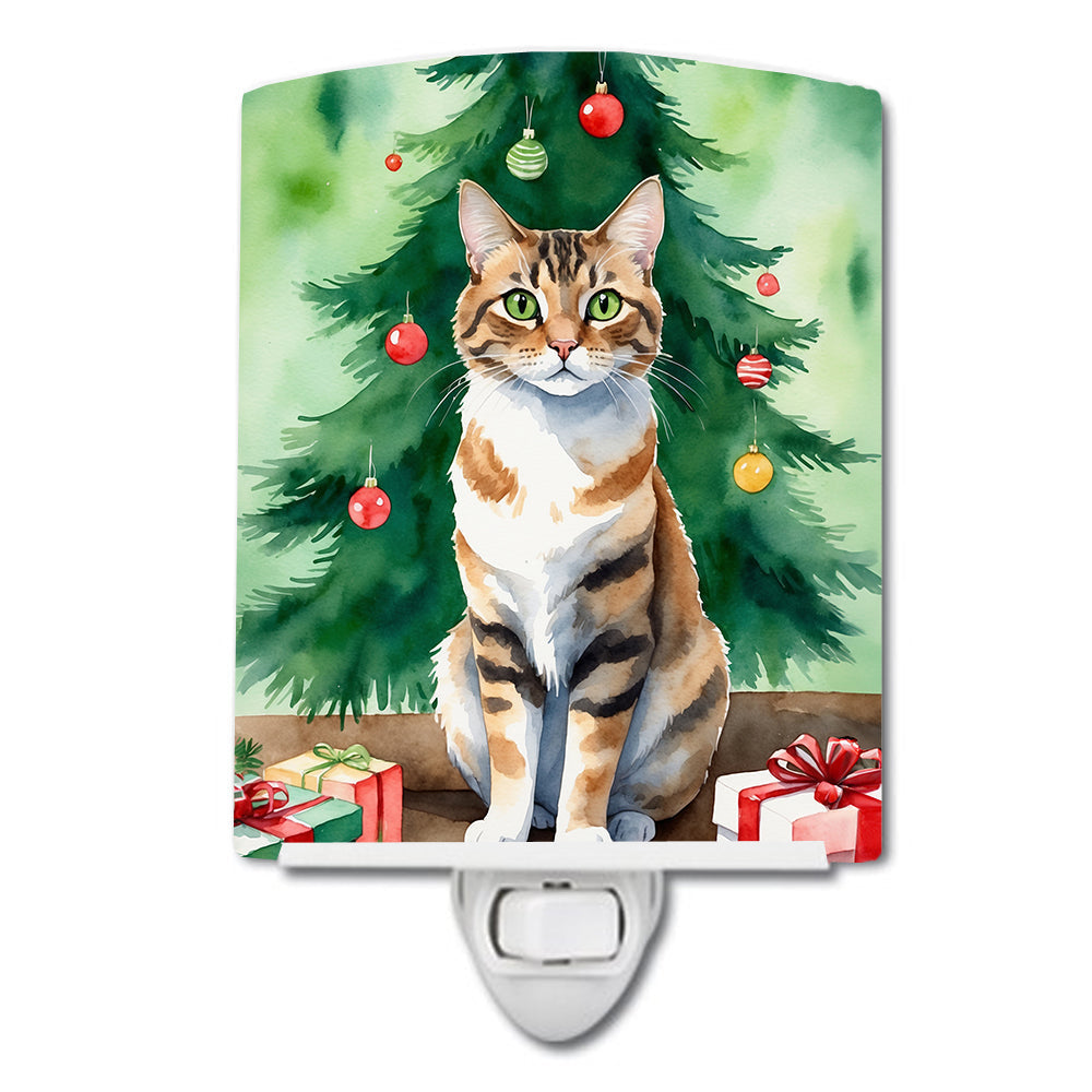 Owyhee Bob Cat By the Christmas Tree Ceramic Night Light Compact, UL-Certified, Ideal for Bedroom, Bathroom, Nursery, Hallway, Kitchen, 6x4x3, Multicolor