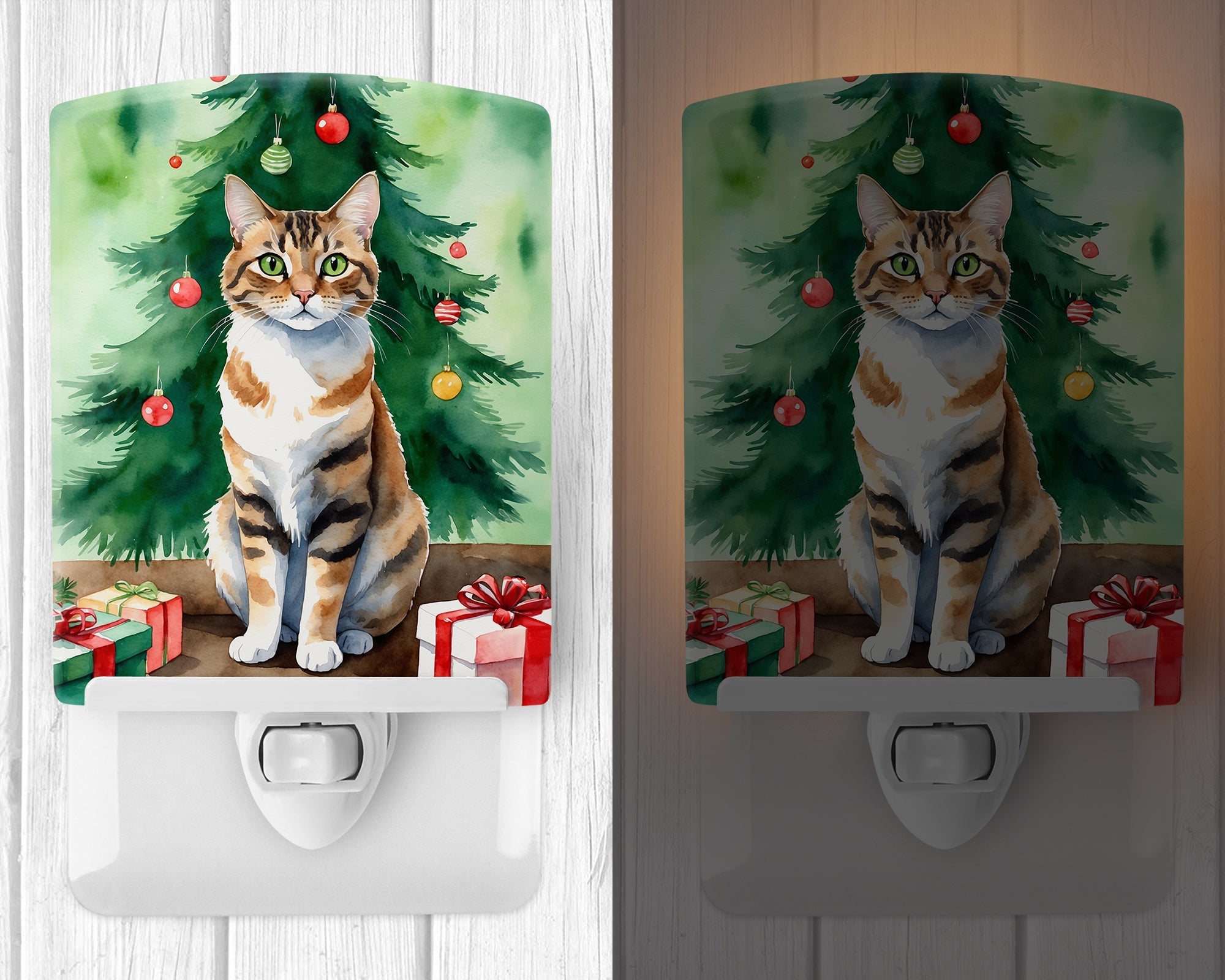 Owyhee Bob Cat By the Christmas Tree Ceramic Night Light Compact, UL-Certified, Ideal for Bedroom, Bathroom, Nursery, Hallway, Kitchen, 6x4x3, Multicolor