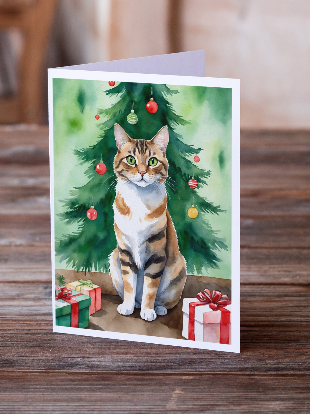 Owyhee Bob Cat By the Christmas Tree Greeting Cards Pack of 8 Blank Cards with Envelopes Whimsical A7 Size 5x7