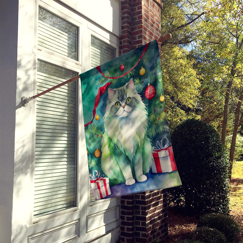Persian Cat By the Christmas Tree House Flag 28x40 Porch Sleeve Pole Decorative Outside Yard Banner Artwork Wall Hanging, Polyester