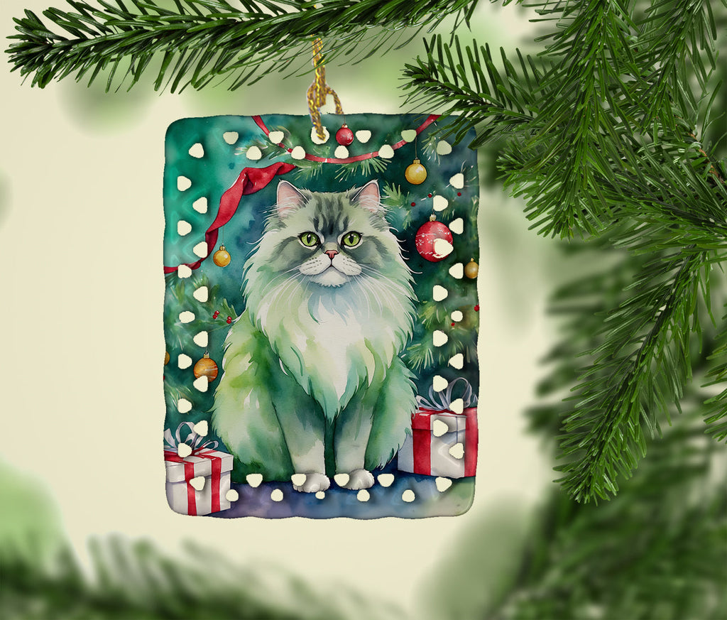 Persian Cat By the Christmas Tree Porcelain Ornament Christmas Tree Hanging Decorations for Home Christmas Holiday, Rectangle, Gift, Multicolor