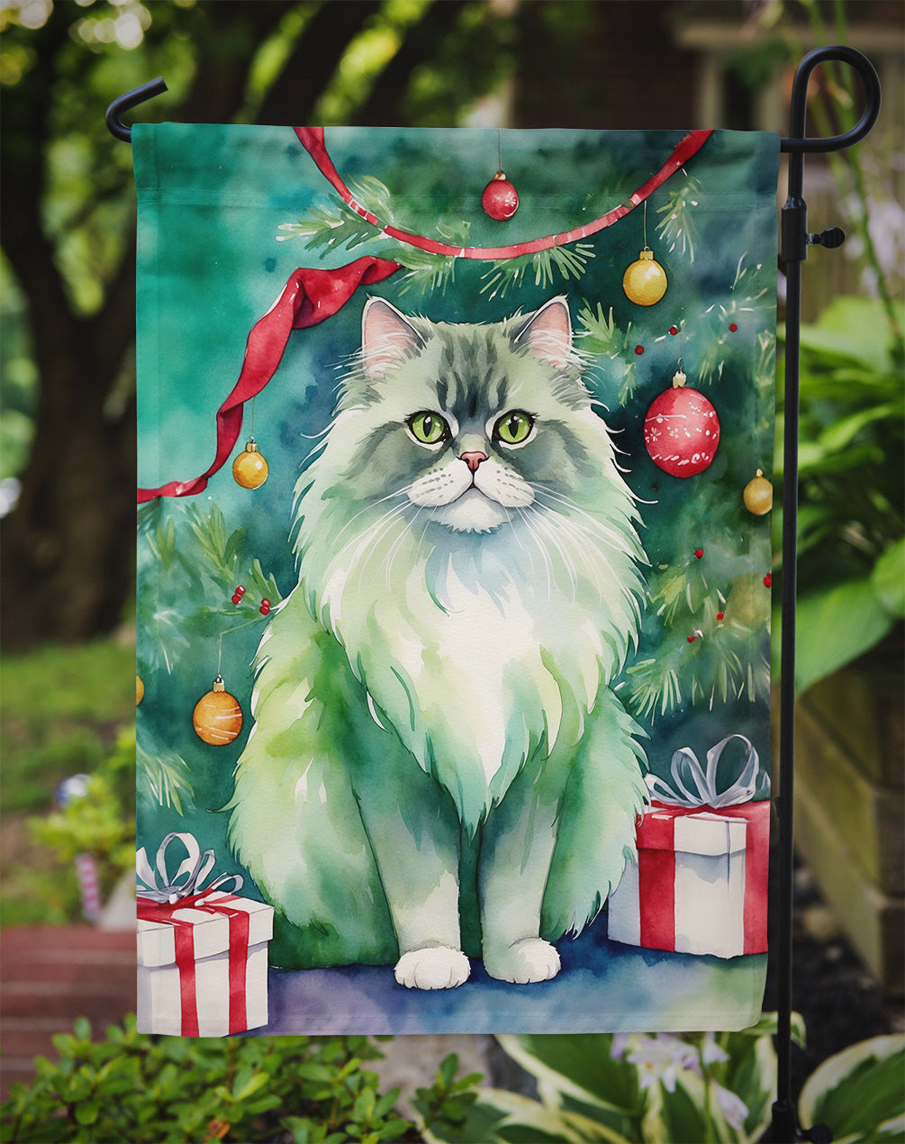 Persian Cat By the Christmas Tree Garden Flag Mailbox Decorative Yard Banner Outside Patio Artwork for Flower Beds, Garden Size, Multicolor