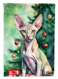 Peterbald Cat By the Christmas Tree House Flag 28x40 Porch Sleeve Pole Decorative Outside Yard Banner Artwork Wall Hanging, Polyester