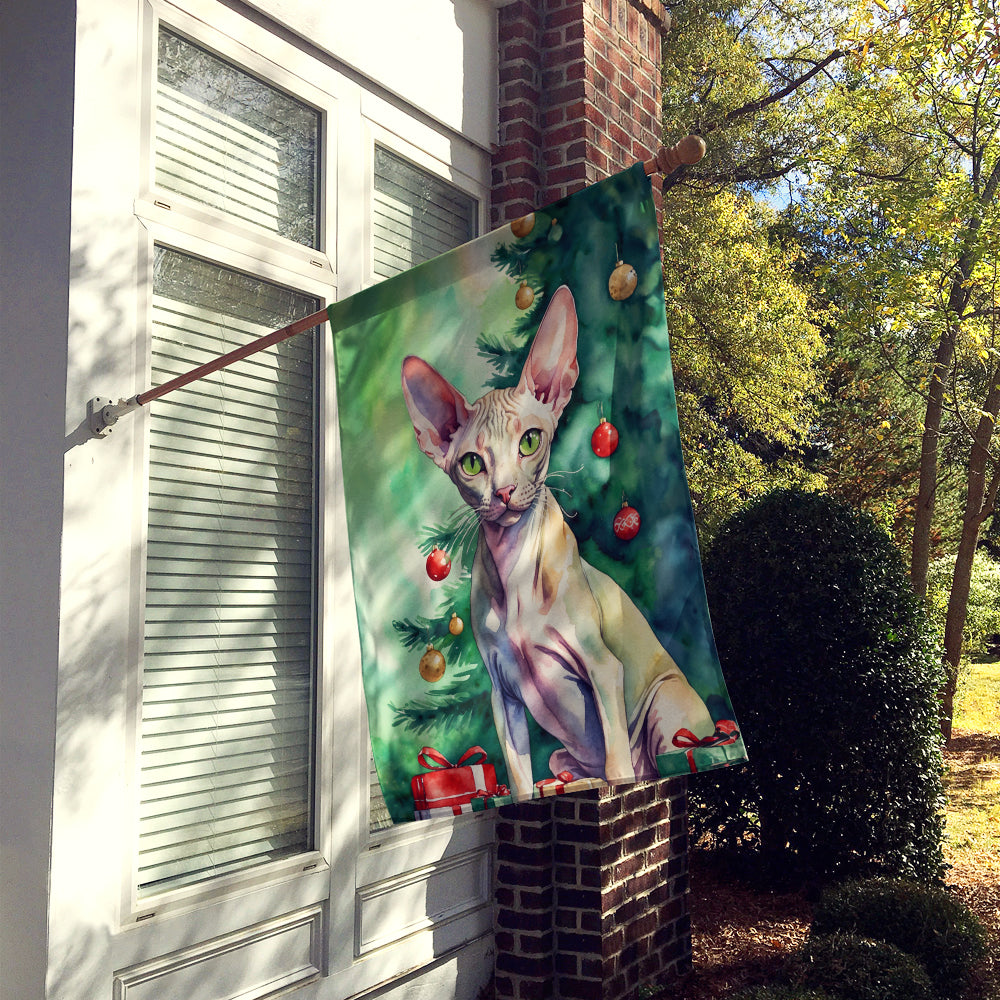 Peterbald Cat By the Christmas Tree House Flag 28x40 Porch Sleeve Pole Decorative Outside Yard Banner Artwork Wall Hanging, Polyester