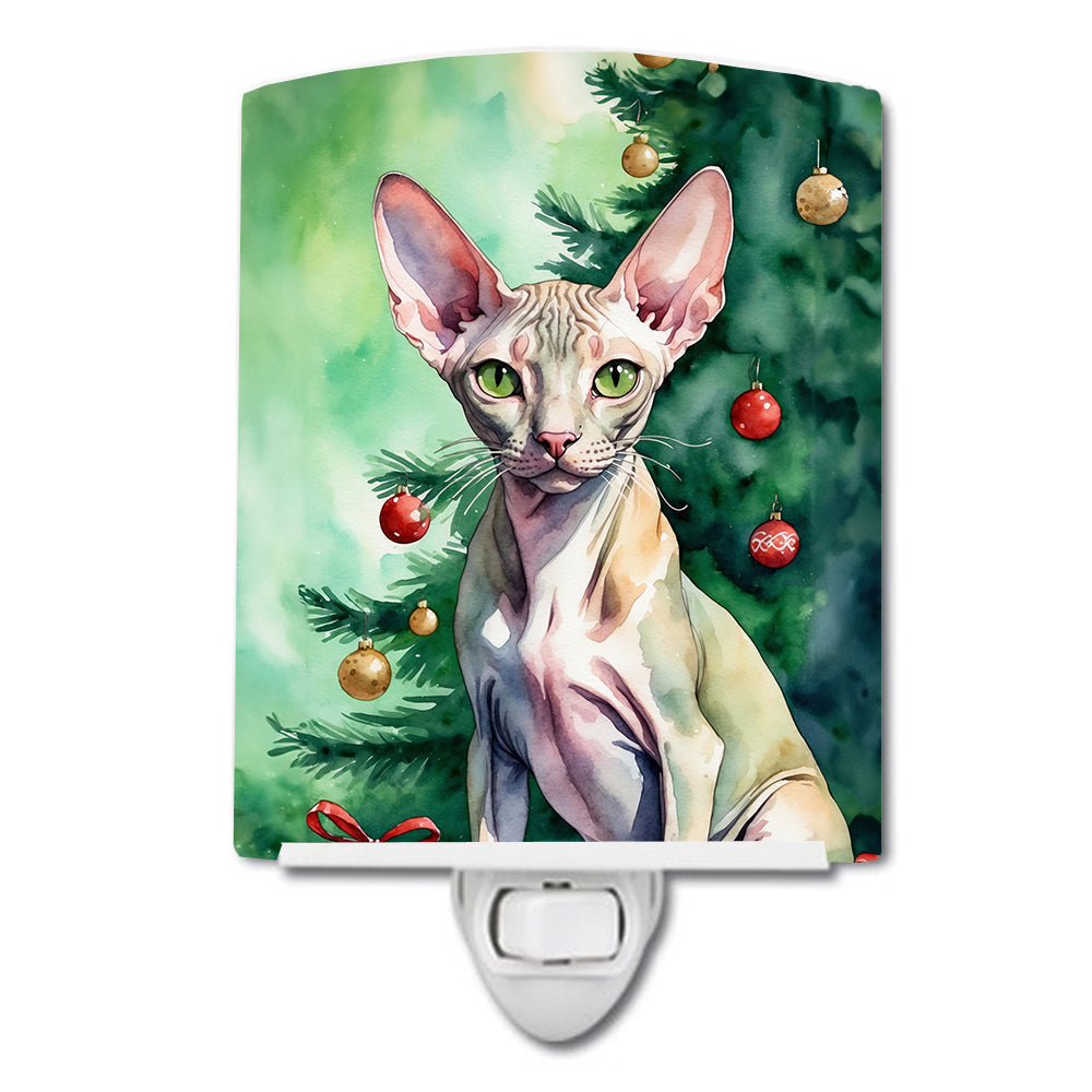 Peterbald Cat By the Christmas Tree Ceramic Night Light Compact, UL-Certified, Ideal for Bedroom, Bathroom, Nursery, Hallway, Kitchen, 6x4x3, Multicolor