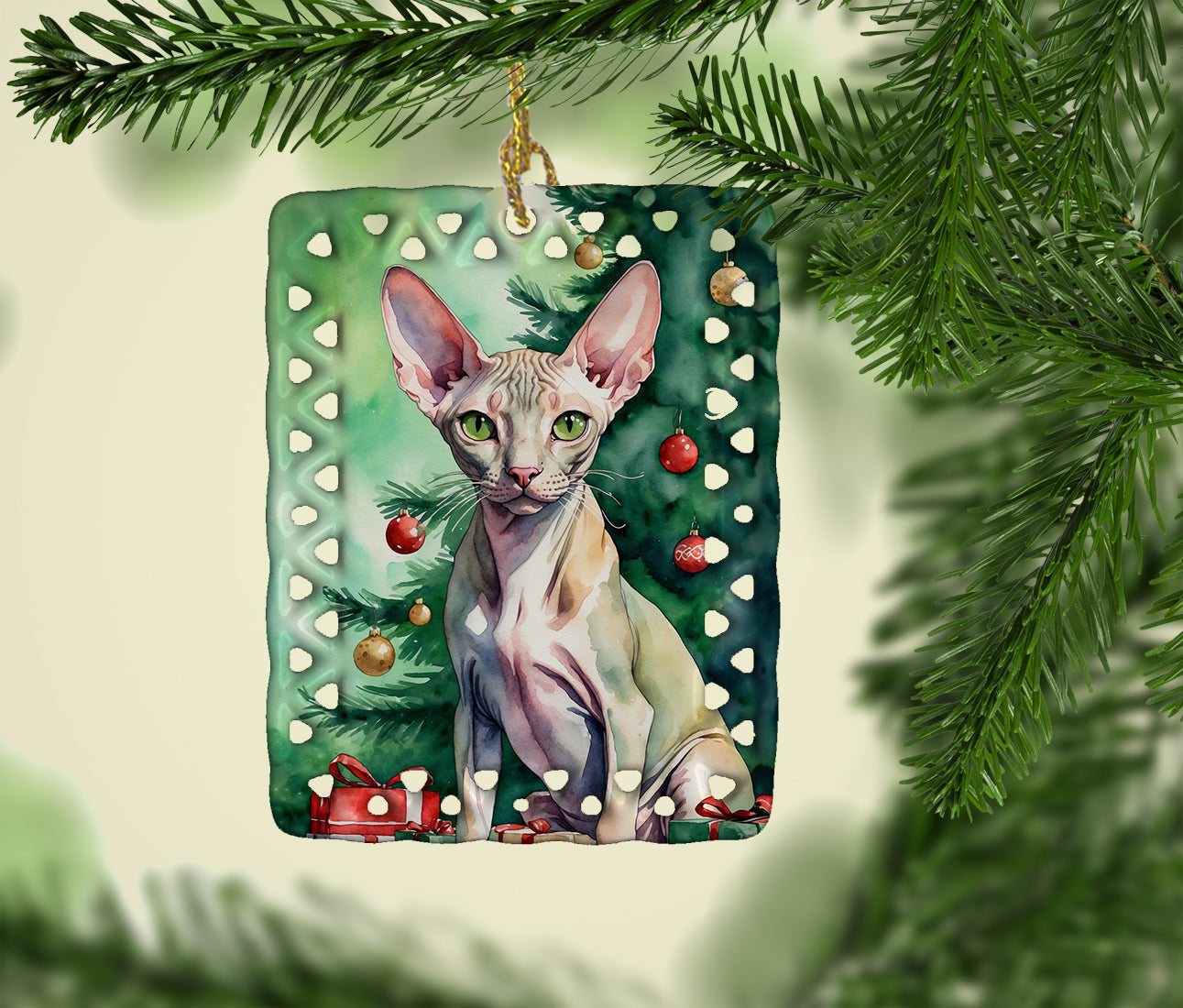 Peterbald Cat By the Christmas Tree Porcelain Ornament Christmas Tree Hanging Decorations for Home Christmas Holiday, Rectangle, Gift, Multicolor