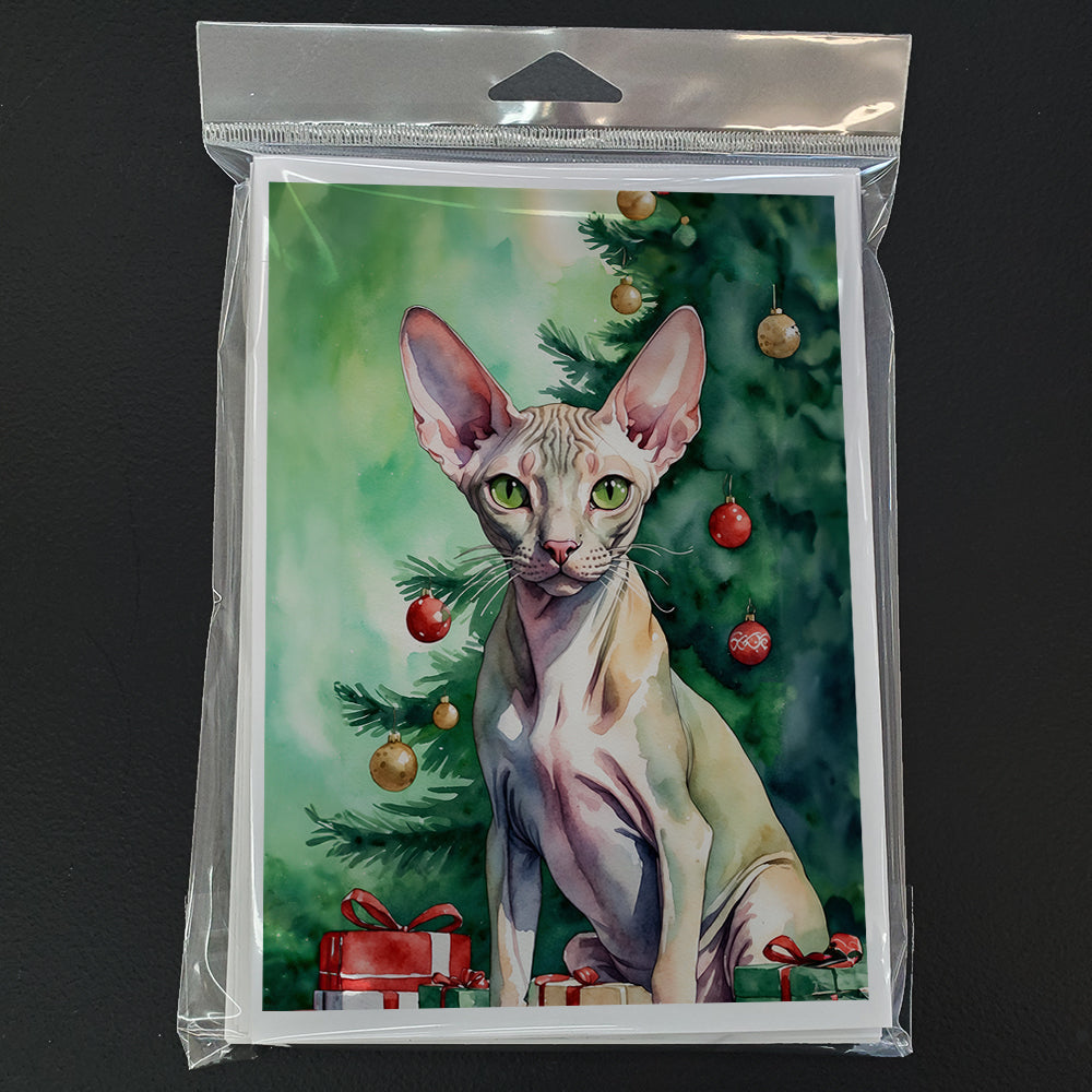 Peterbald Cat By the Christmas Tree Greeting Cards Pack of 8 Blank Cards with Envelopes Whimsical A7 Size 5x7