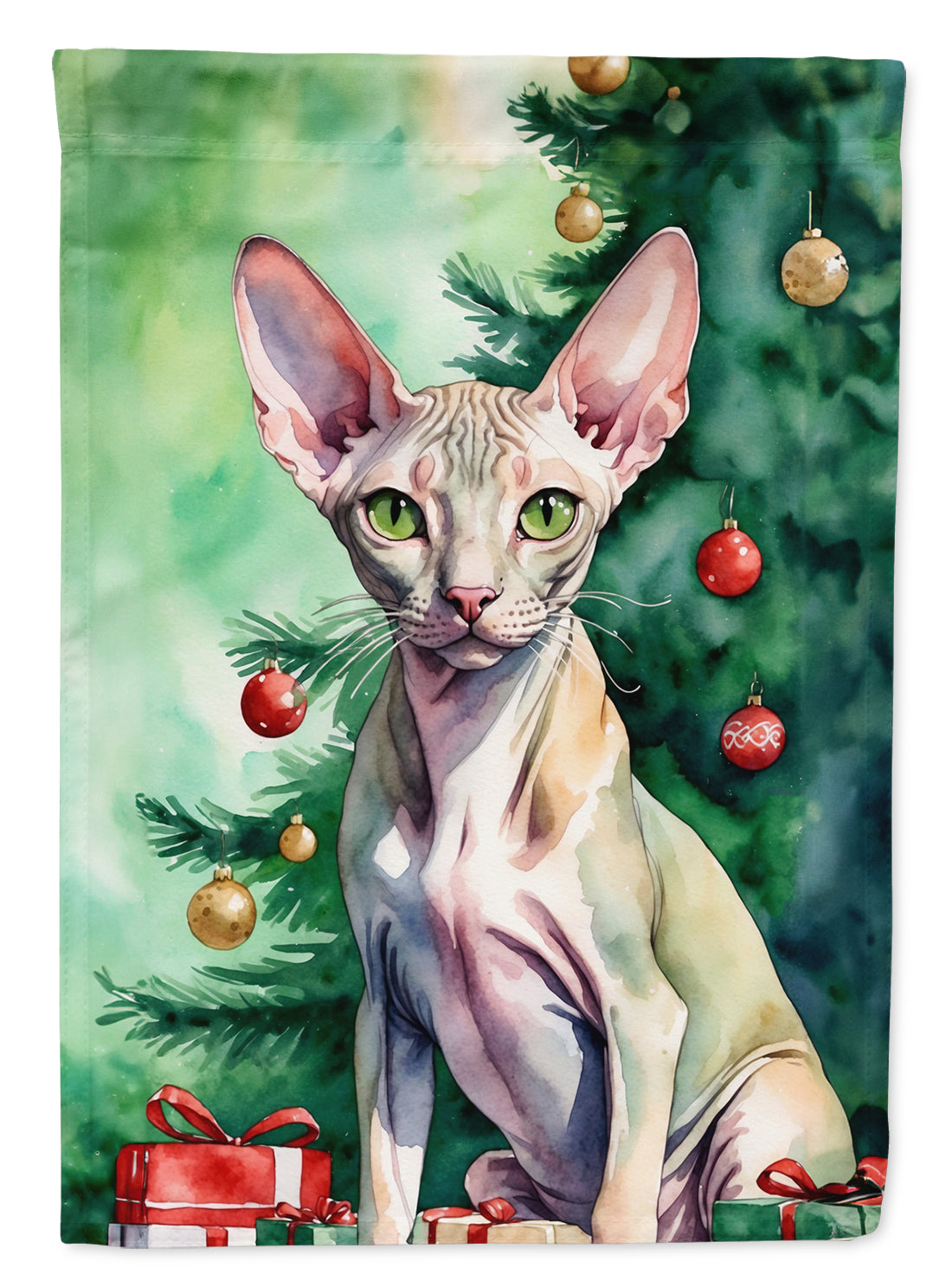 Peterbald Cat By the Christmas Tree Garden Flag Mailbox Decorative Yard Banner Outside Patio Artwork for Flower Beds, Garden Size, Multicolor