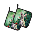 Peterbald Cat By the Christmas Tree Pot Holder Set of 2 Heat Resistant Quilted Hot Pads 7.5 x 7.5 Inch, Insulated Kitchen Trivets for Cooking & Baking