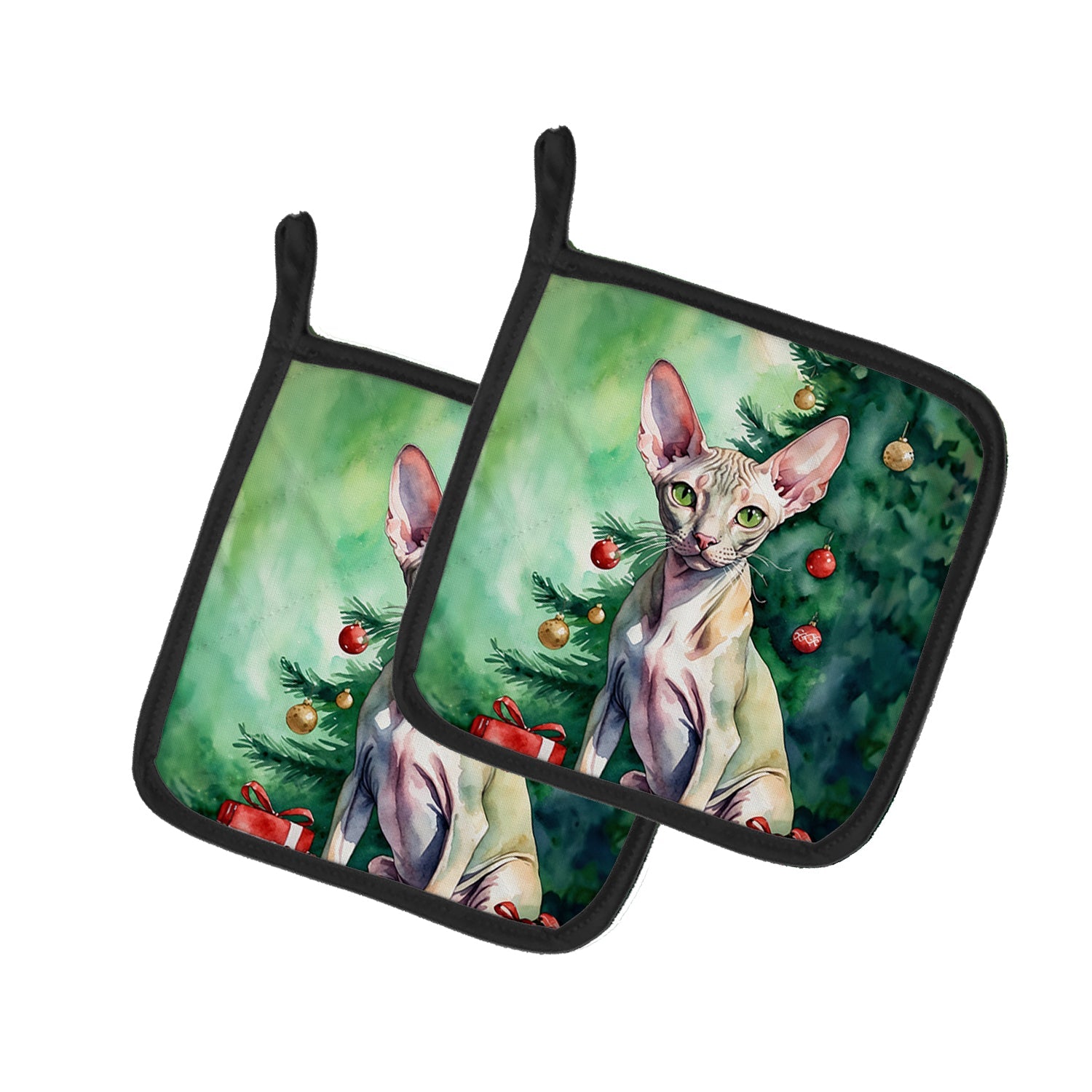 Peterbald Cat By the Christmas Tree Pot Holder Set of 2 Heat Resistant Quilted Hot Pads 7.5 x 7.5 Inch, Insulated Kitchen Trivets for Cooking & Baking