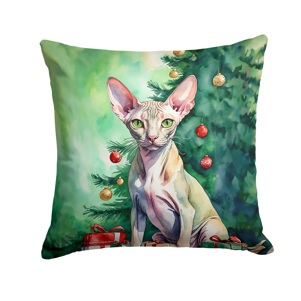Peterbald Cat By the Christmas Tree Decorative Throw Pillow 18x18 Indoor Outdoor Accent Cushion, Fabric Cover with Insert for Sofa, Bed, Porch & Living Room
