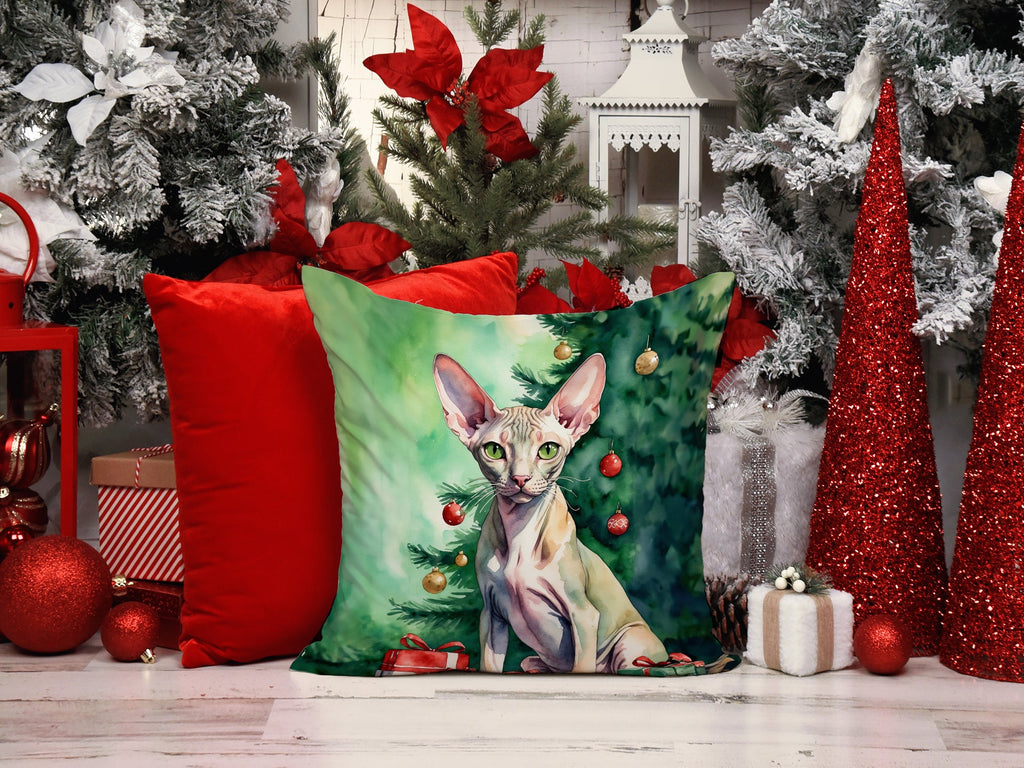 Peterbald Cat By the Christmas Tree Decorative Throw Pillow 18x18 Indoor Outdoor Accent Cushion, Fabric Cover with Insert for Sofa, Bed, Porch & Living Room