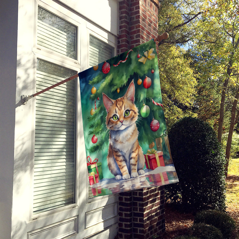 Pixie Bob Cat By the Christmas Tree House Flag 28x40 Porch Sleeve Pole Decorative Outside Yard Banner Artwork Wall Hanging, Polyester