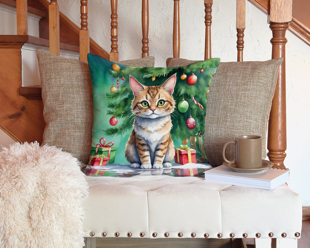 Pixie Bob Cat By the Christmas Tree Decorative Throw Pillow 14x14 Indoor Outdoor Accent Cushion, Fabric Cover with Insert for Sofa, Bed, Porch & Living Room