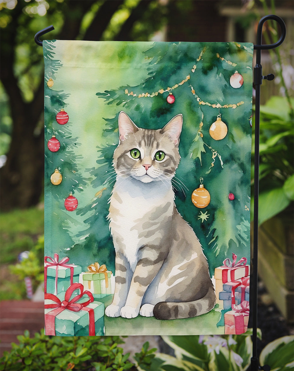 Pudelkatze Cat By the Christmas Tree Garden Flag Mailbox Decorative Yard Banner Outside Patio Artwork for Flower Beds, Garden Size, Multicolor
