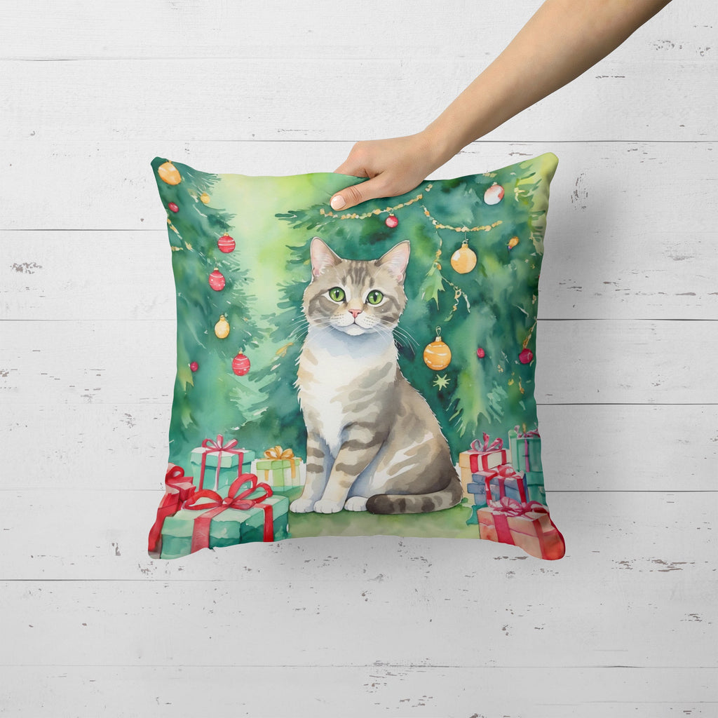 Pudelkatze Cat By the Christmas Tree Decorative Throw Pillow 18x18 Indoor Outdoor Accent Cushion, Fabric Cover with Insert for Sofa, Bed, Porch & Living Room