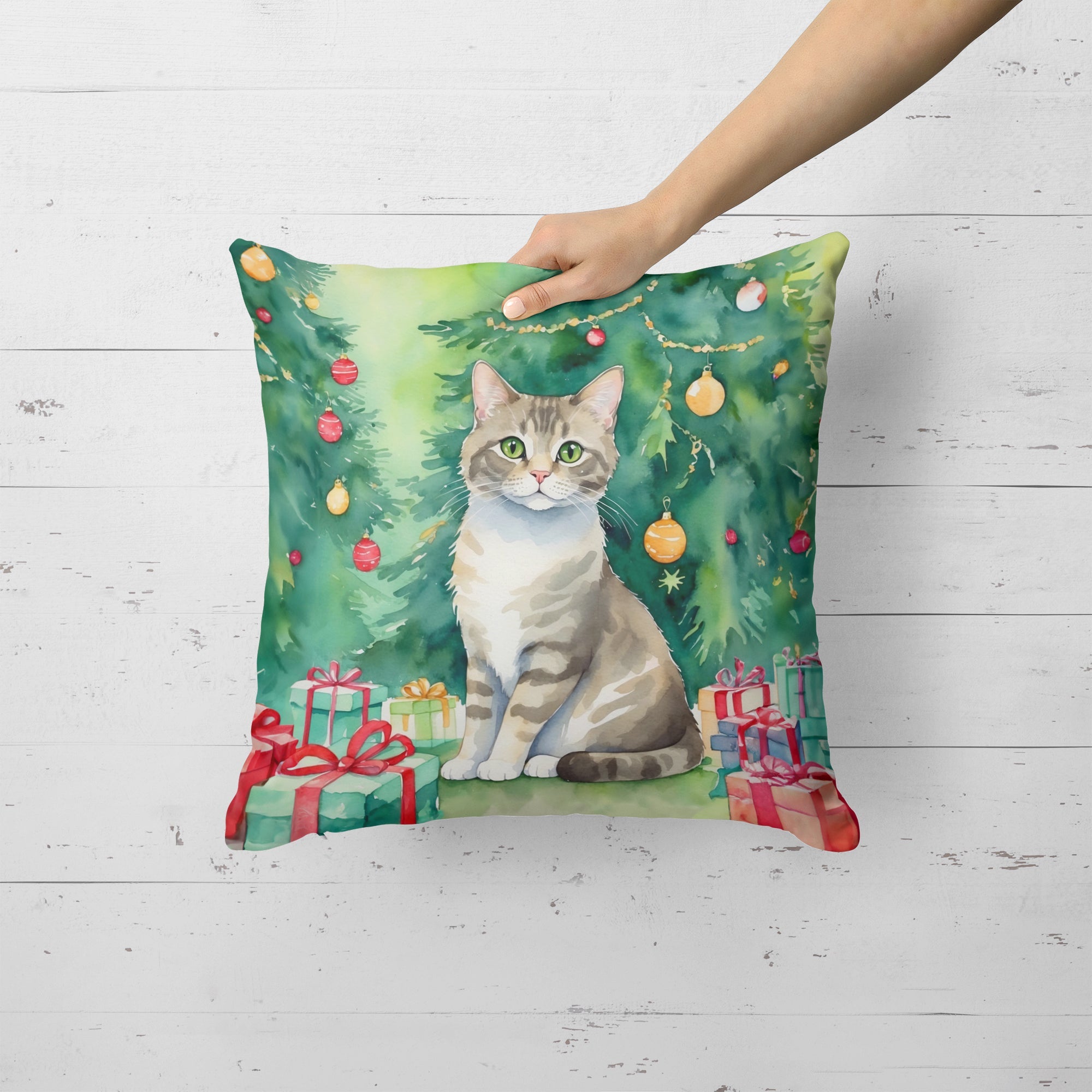 Pudelkatze Cat By the Christmas Tree Decorative Throw Pillow 18x18 Indoor Outdoor Accent Cushion, Fabric Cover with Insert for Sofa, Bed, Porch & Living Room