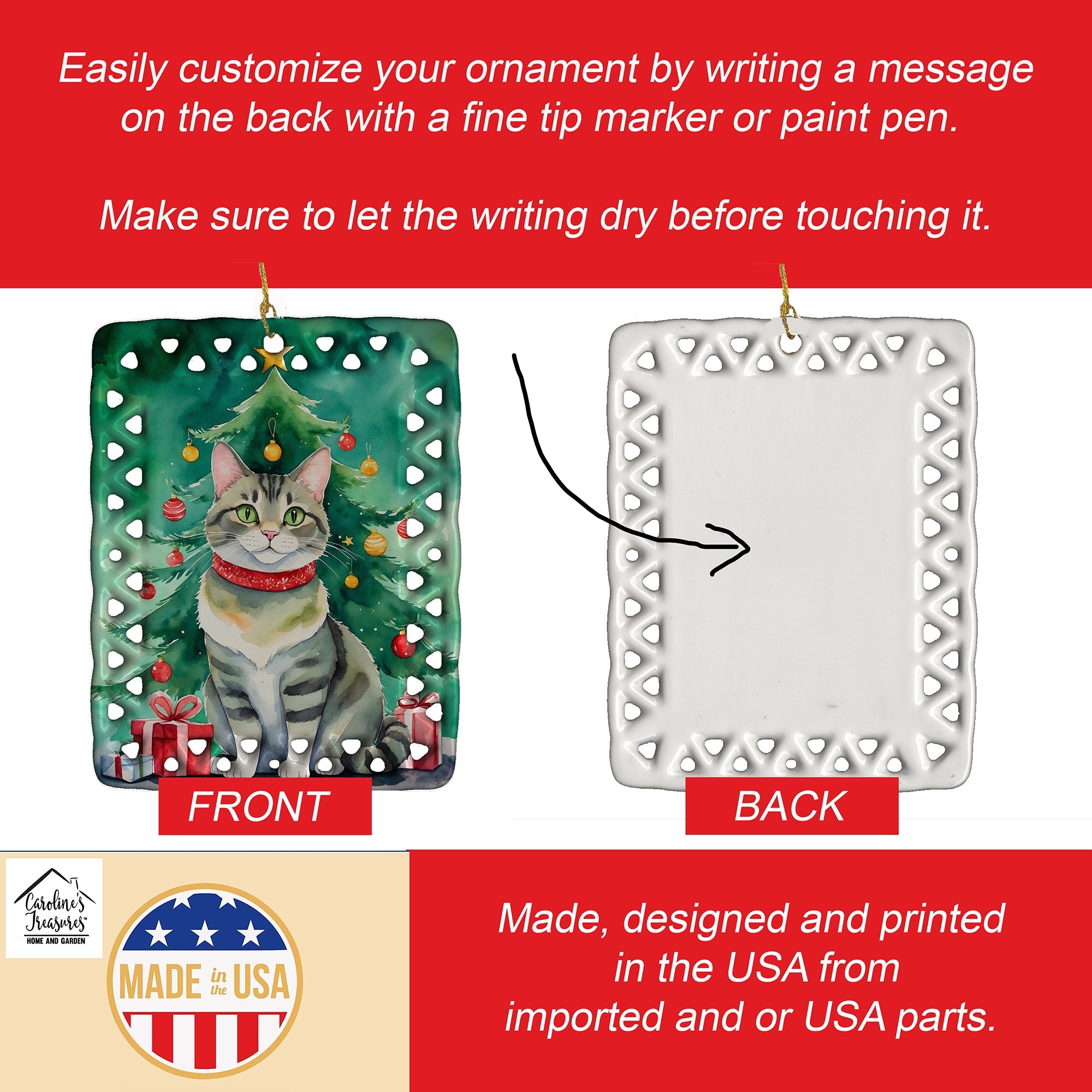 Raas Cat By the Christmas Tree Porcelain Ornament Christmas Tree Hanging Decorations for Home Christmas Holiday, Rectangle, Gift, Multicolor