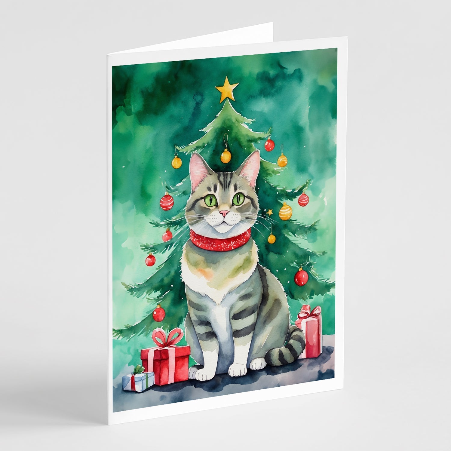 Raas Cat By the Christmas Tree Greeting Cards Pack of 8 Blank Cards with Envelopes Whimsical A7 Size 5x7
