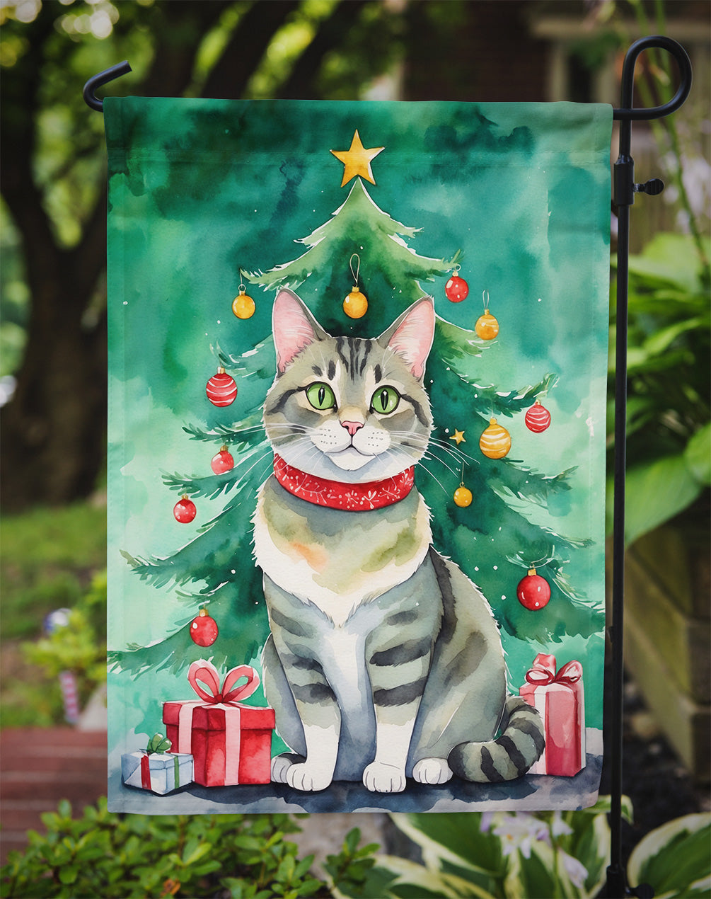 Raas Cat By the Christmas Tree Garden Flag Mailbox Decorative Yard Banner Outside Patio Artwork for Flower Beds, Garden Size, Multicolor